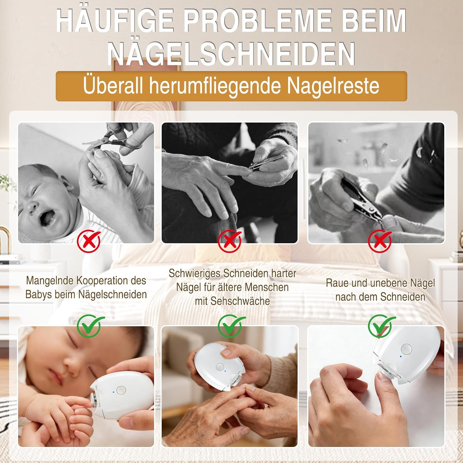 Vergleich von Problemen beim Nagelschneiden mit herkömmlichen Werkzeugen und der Lösung mit einem elektrischen Nagelpfleger.