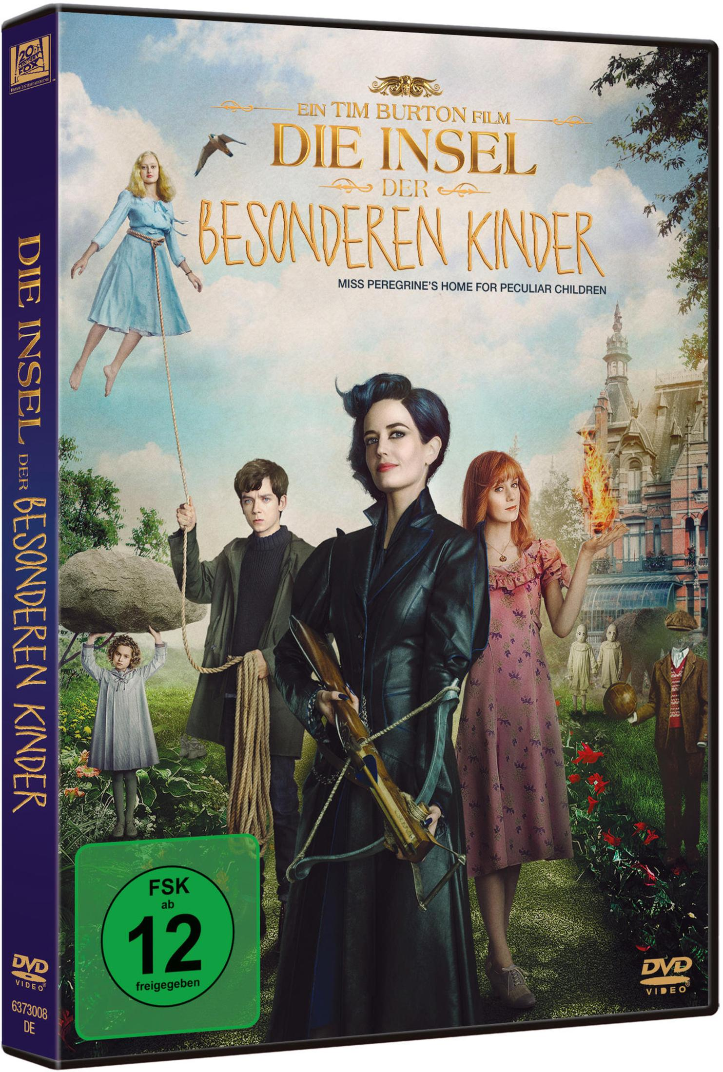 DVD-Cover von Miss Peregrine für besondere Kinder mit Schauspielern im Garten.