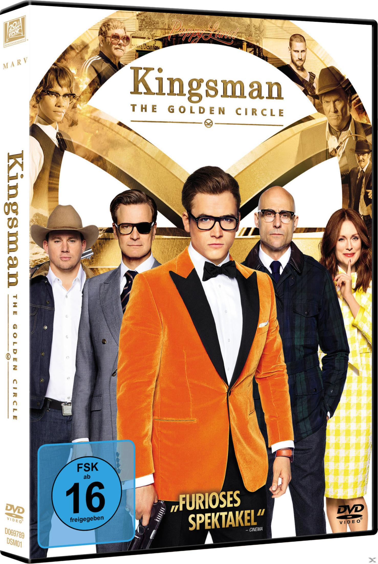 DVD-Cover von Kingsman: The Golden Circle mit Hauptdarstellern in Anzügen vor goldenem Hintergrund.