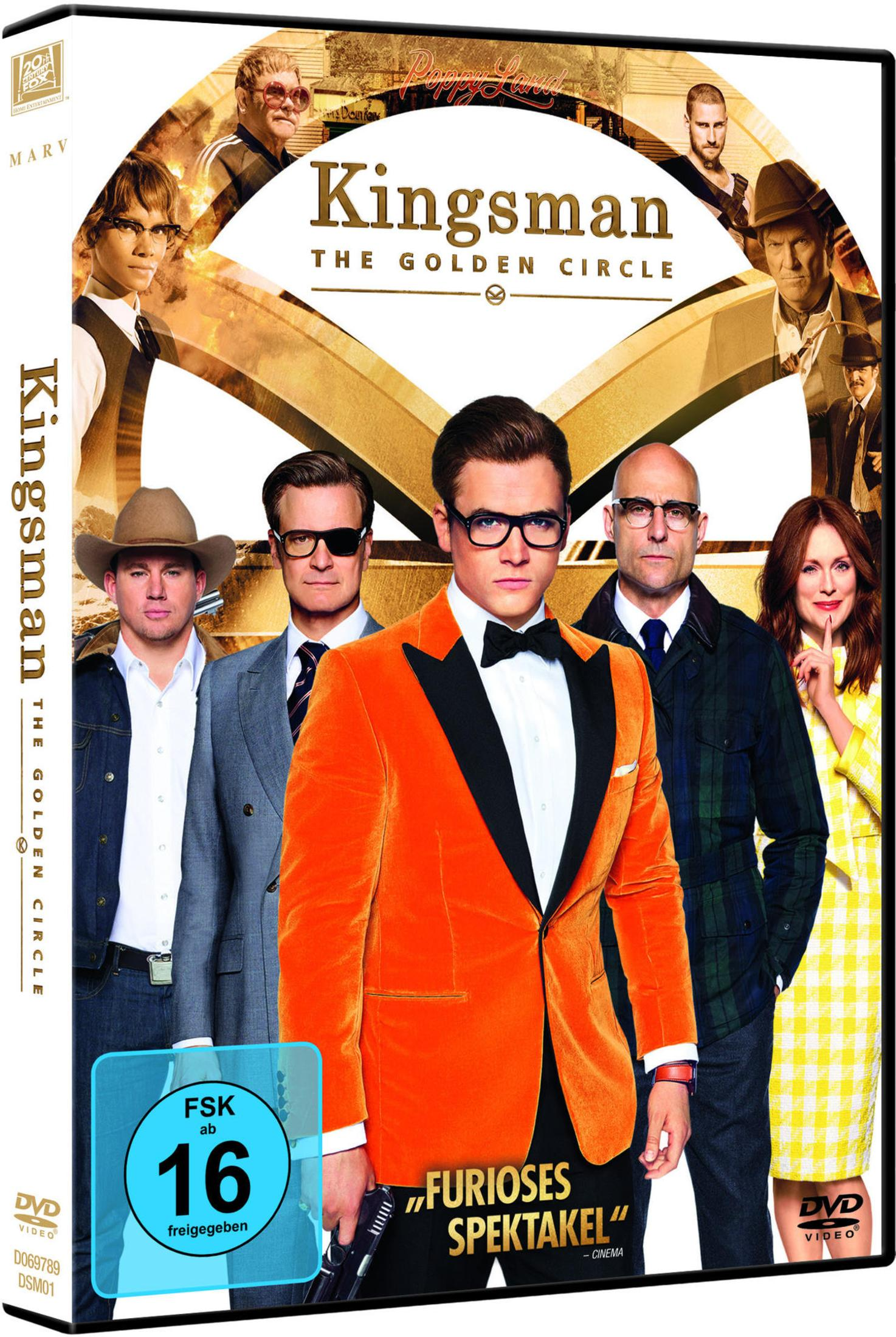 DVD-Cover von Kingsman The Golden Circle mit der Hauptbesetzung in Anzügen und Cowboy-Kleidung vor goldener Kulisse.
