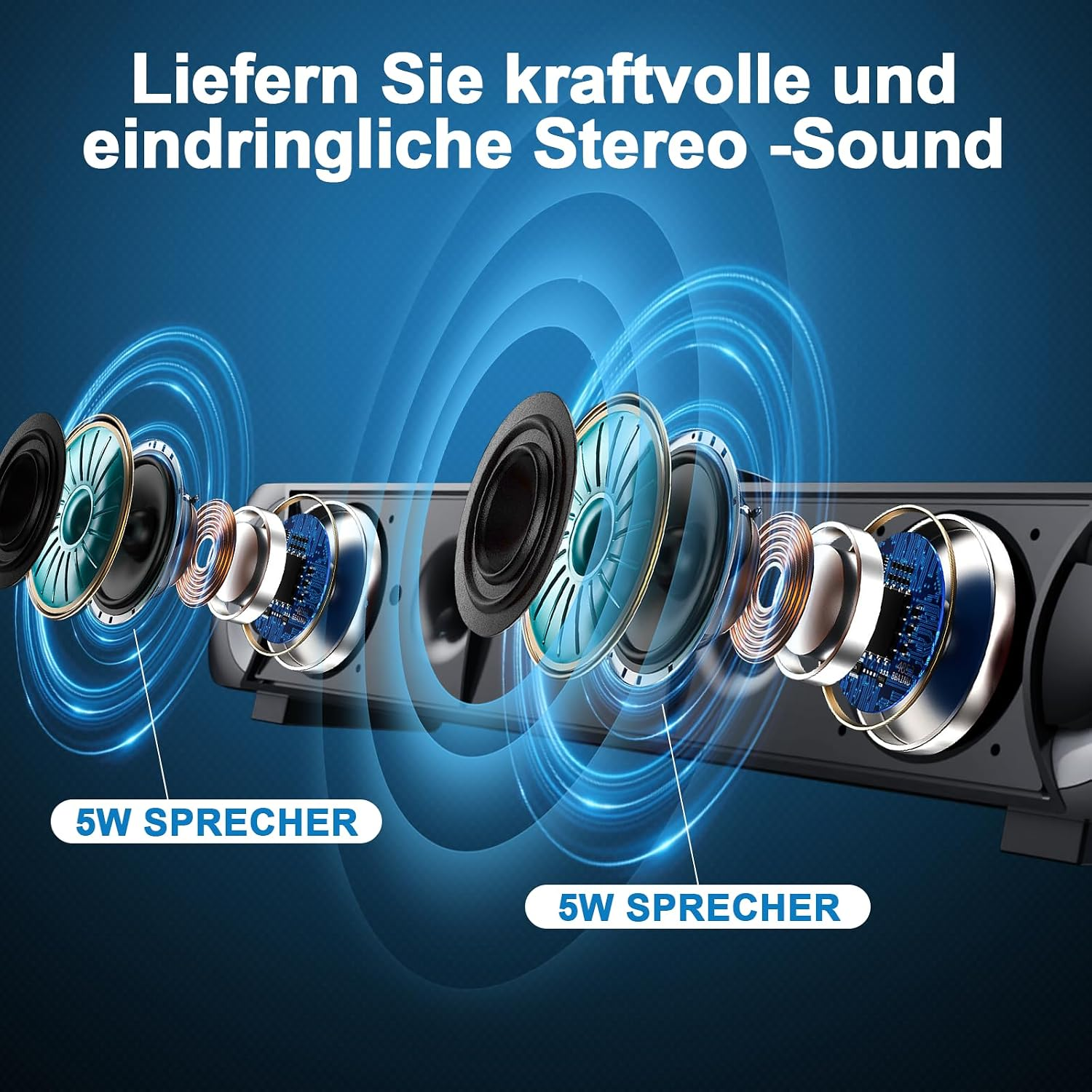Explosionsansicht einer schwarzen Soundbar mit zwei 5W-Lautsprechern und blauen Schallwellen.