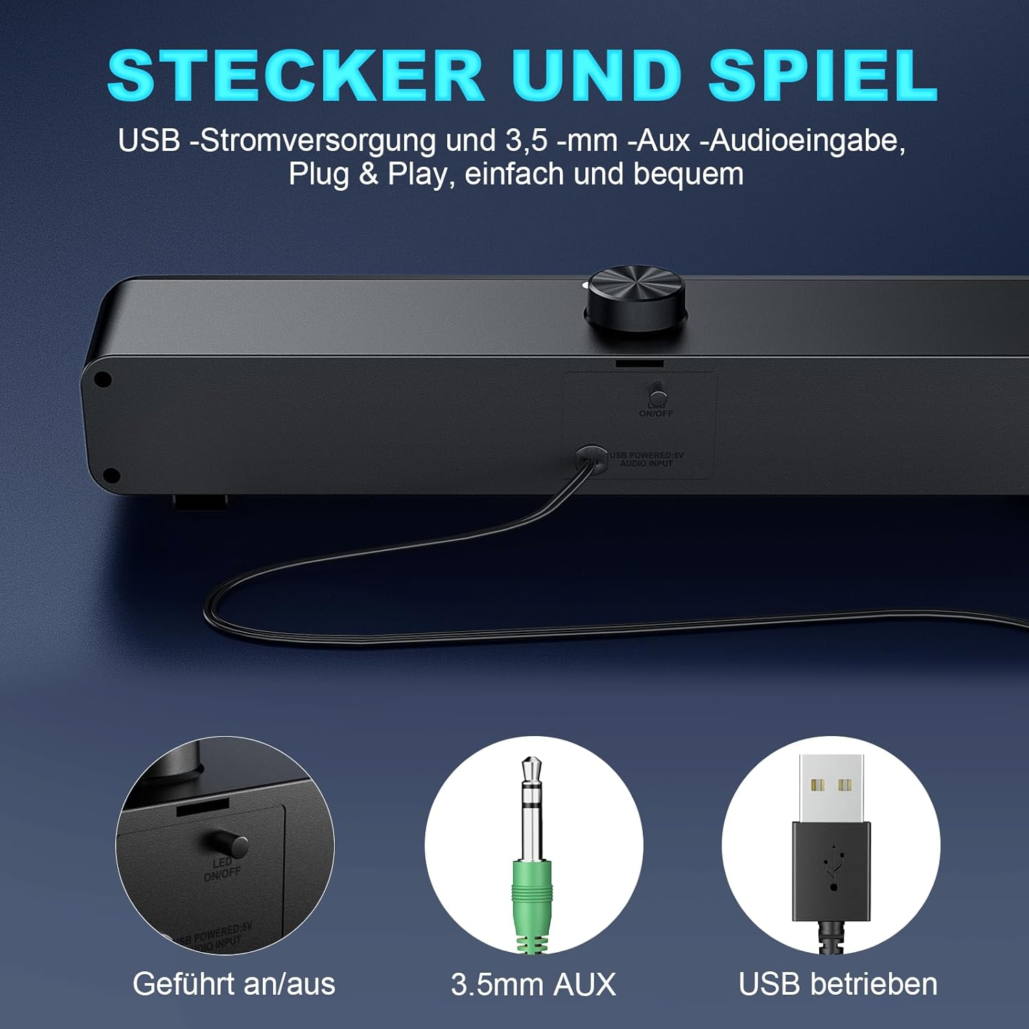 Schwarze Soundbar mit USB-Stromversorgung, AUX-Anschluss, Ein/Aus-Schalter und Lautstärkeregler.