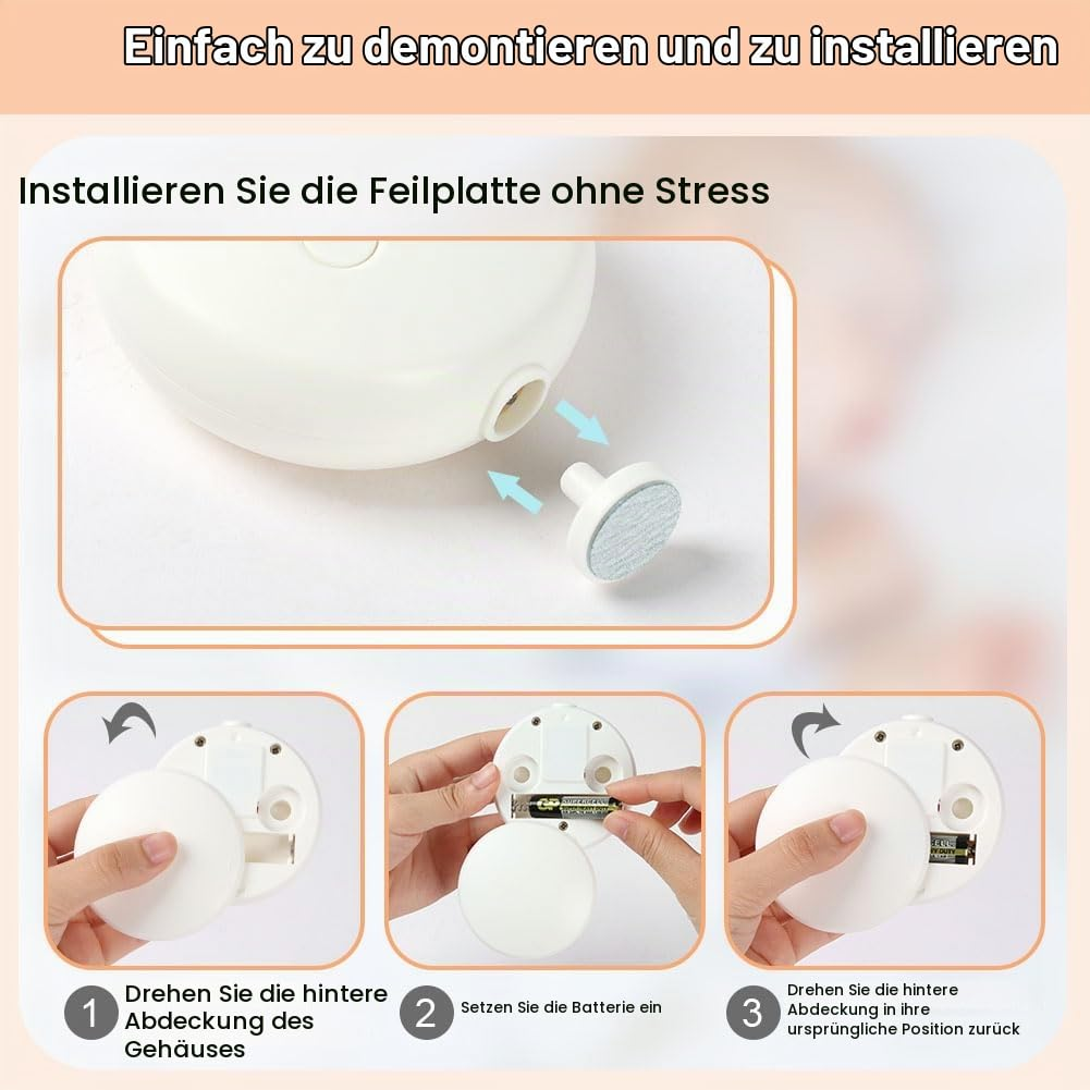 Anleitung zum Einsetzen einer Feile und zum Wechseln der Batterie bei einem weißen Gerät.