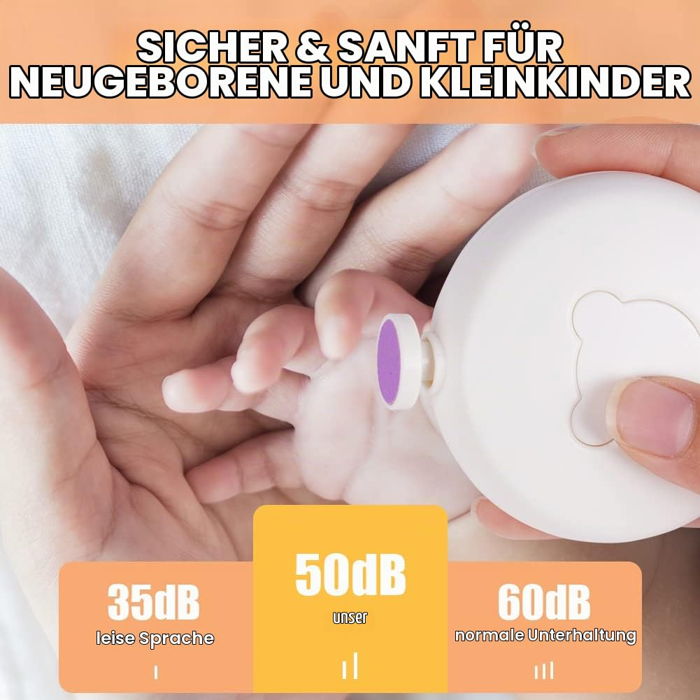 Ein Erwachsener hält ein Baby und benutzt einen sanften elektrischen Nagelpfleger mit Dezibel-Vergleich.