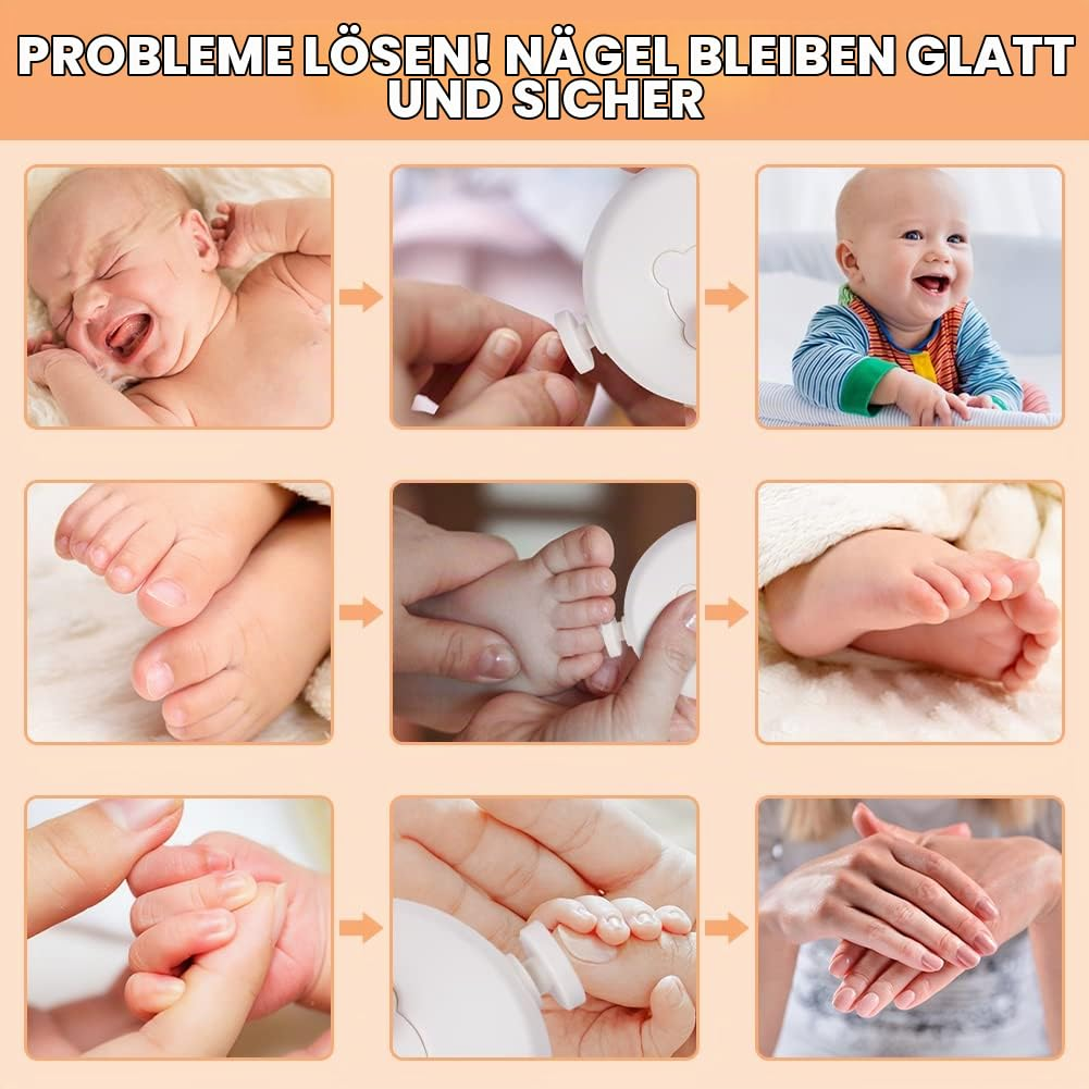 Ein Bild zeigt Schritte zur sicheren Babynagelpflege mit einem elektrischen Feilgerät, das glatte Nägel garantiert.
