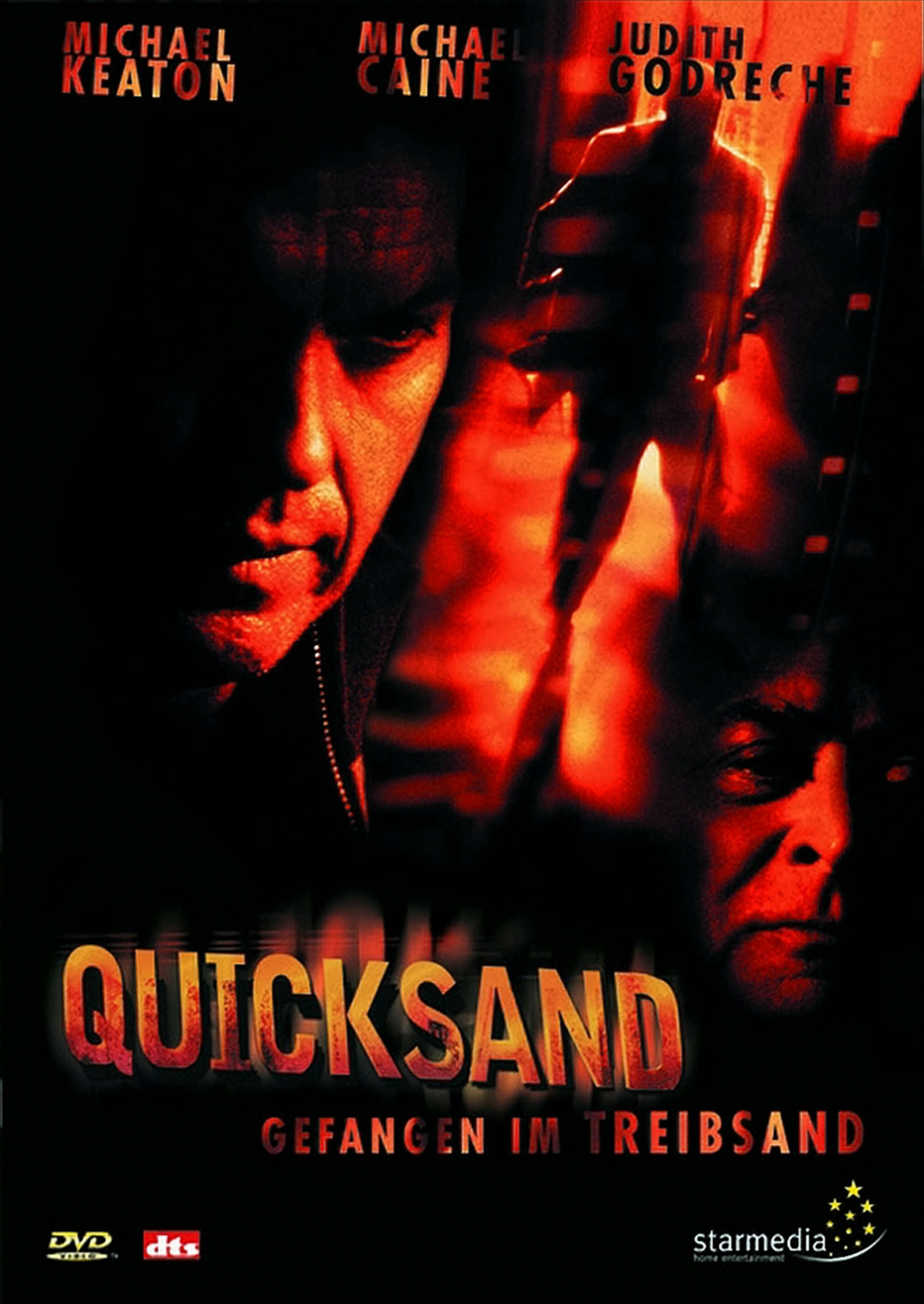 DVD-Cover des Films Quicksand mit Michael Keaton, Michael Caine und Judith Godreche in roten Tönen.