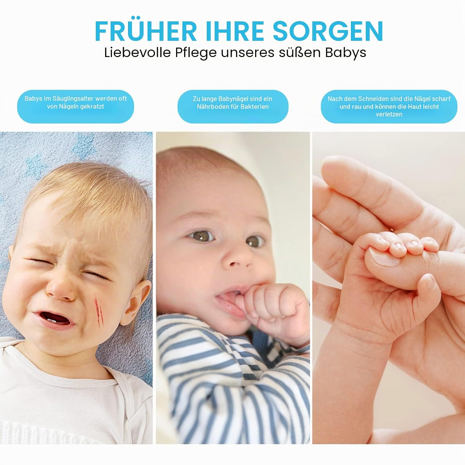 Drei Bilder von Babys und Händen mit Text über Babynägel und Pflege.