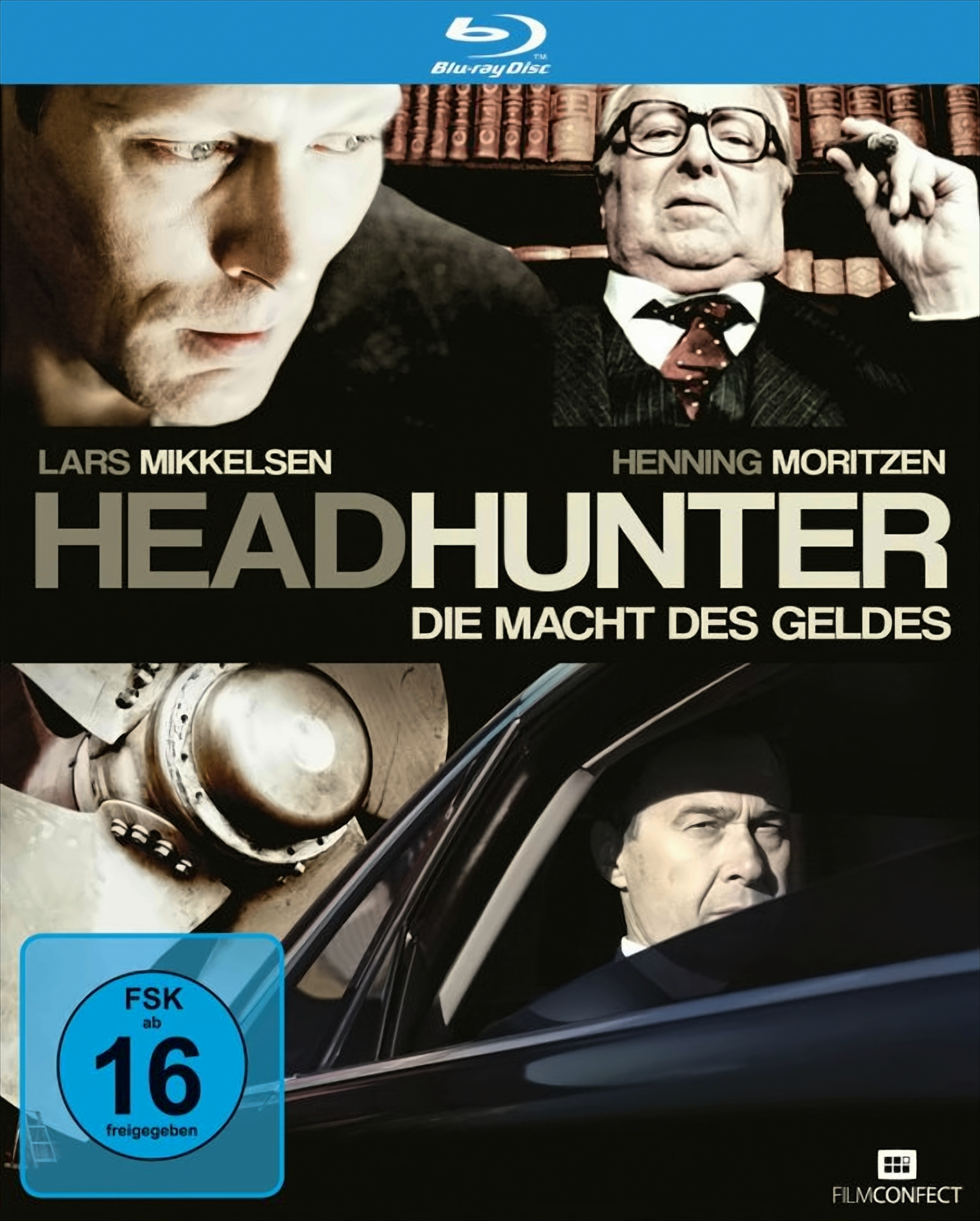 Blu-ray-Cover von Headhunter mit Lars Mikkelsen, Henning Moritzen und Autorennteil.