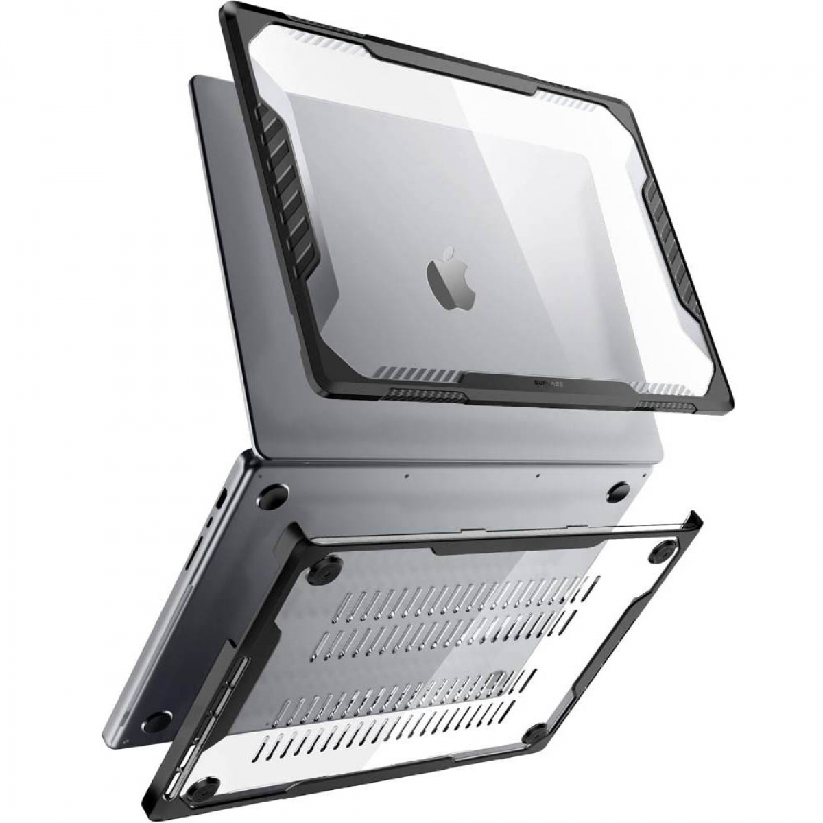 Ein silberner Laptop mit einer robusten, transparenten Schutzhülle mit schwarzem Rand.