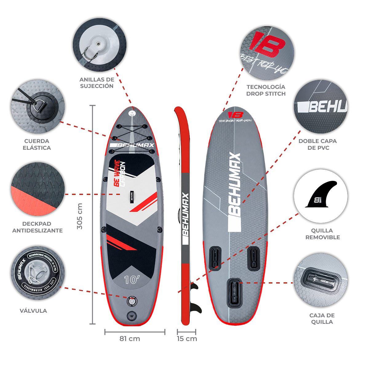 Diagrama de una tabla de paddle surf mostrando sus características, materiales y dimensiones.