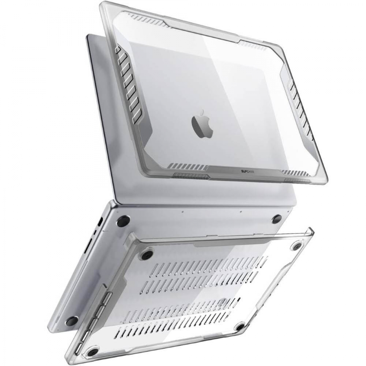 Transparente Schutzhülle für ein silbernes MacBook mit Belüftungsschlitzen.