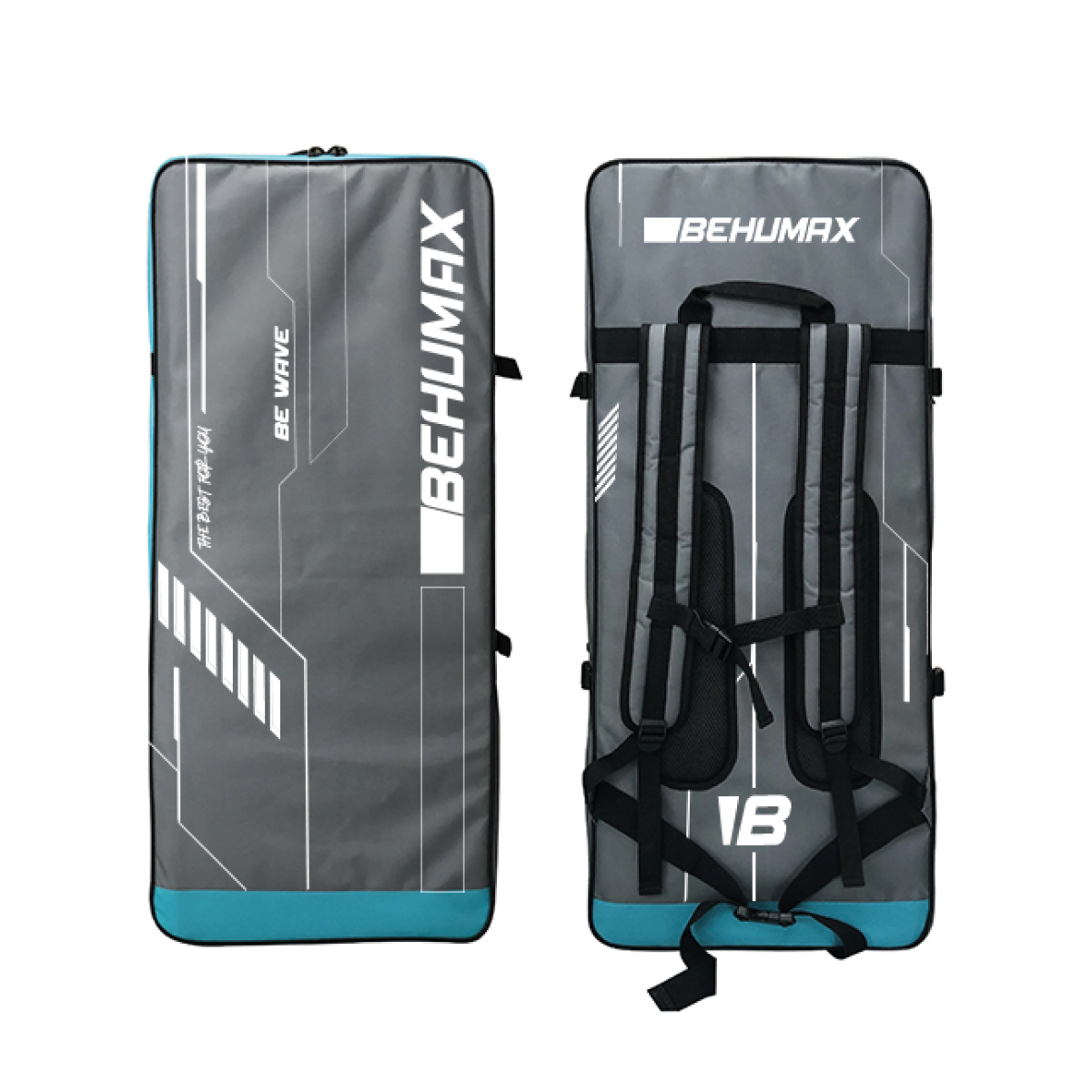 Mochila gris Behumax con detalles en turquesa y correas para los hombros.