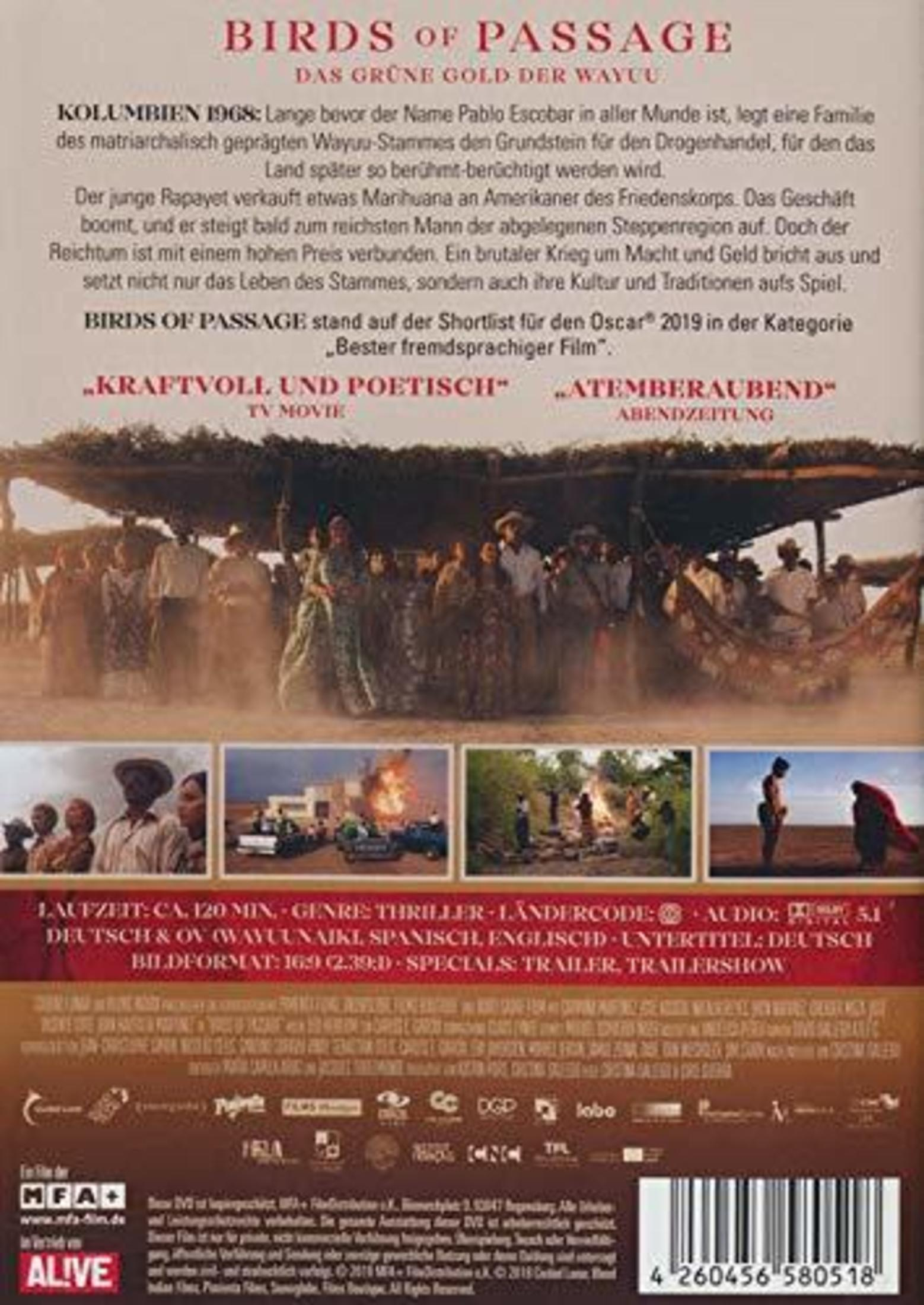 DVD-Hülle des Films Birds of Passage mit Text, Bildern von Personen in einer Landschaft und Barcode unten.