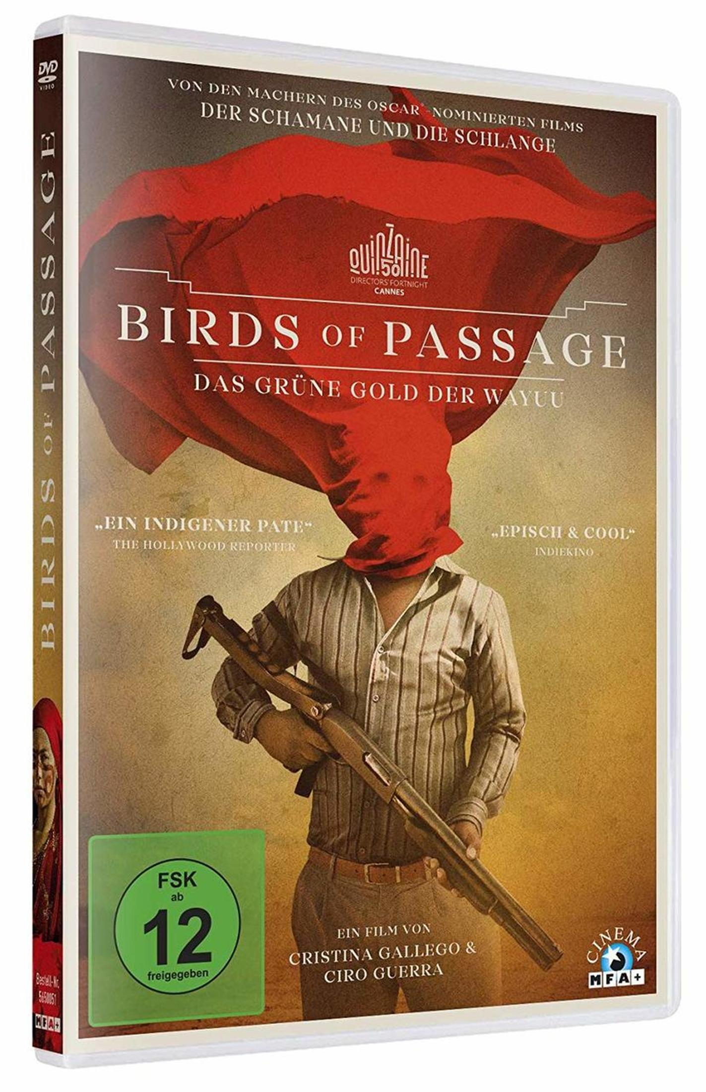 DVD-Hülle von Birds of Passage mit einer Person mit rotem Stoffkopf und Gewehr.