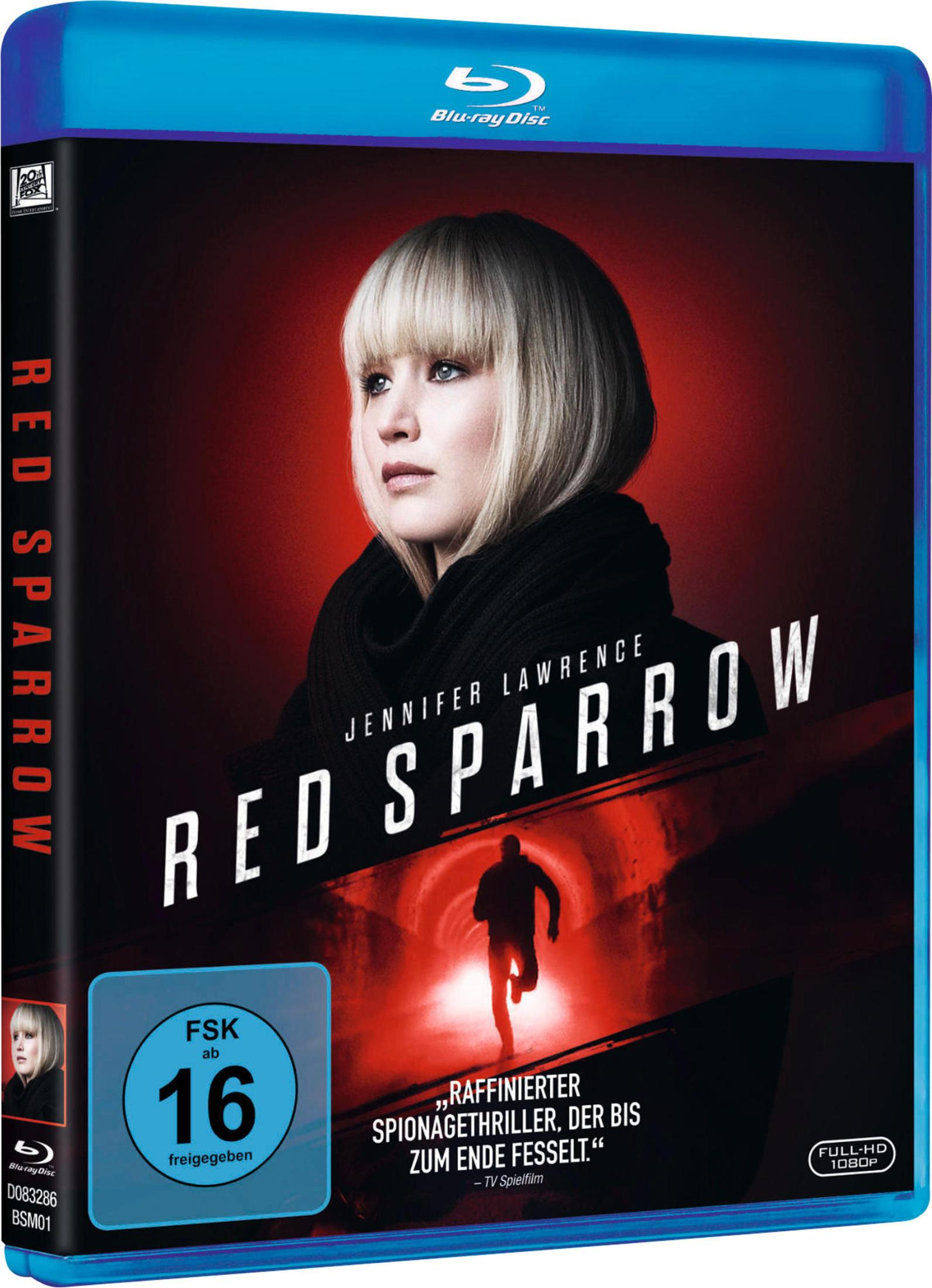 Blu-ray Cover von Red Sparrow mit Jennifer Lawrence vor einem roten Hintergrund und einer laufenden Silhouette.