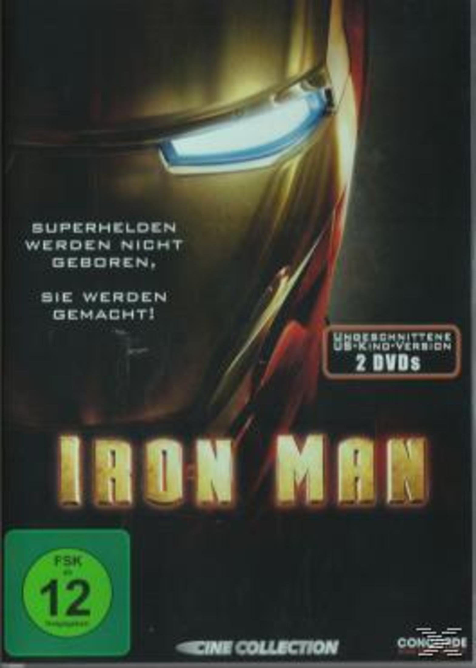 DVD-Cover von Iron Man mit dem goldenen Helm des Superhelden und dem Filmtitel.