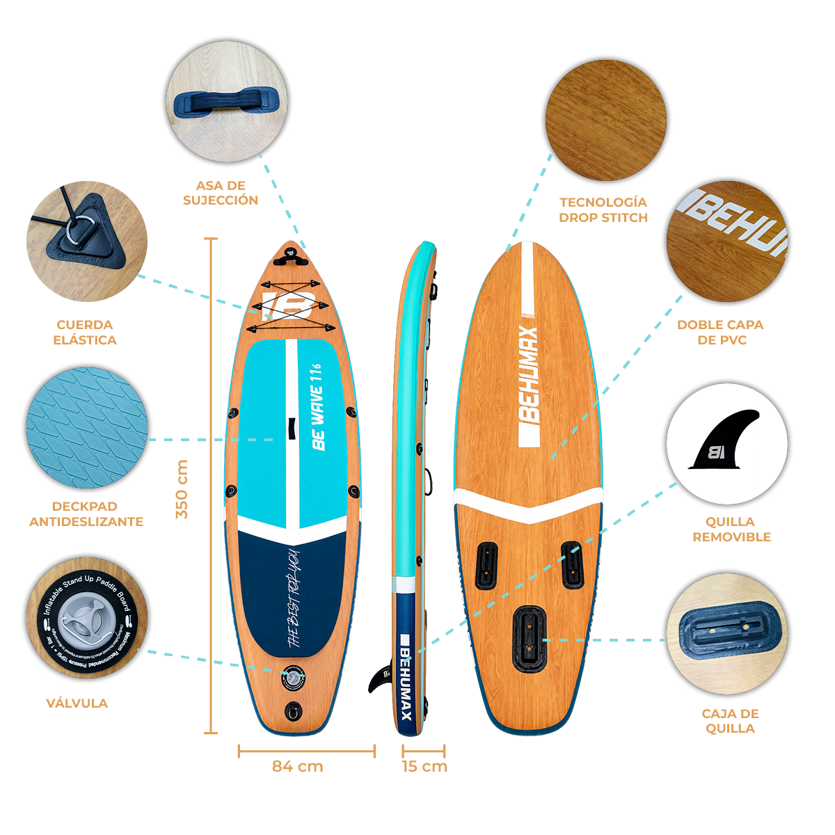 Diagrama de tabla de paddle surf de madera con características como almohadilla, válvula y cajas de quilla, 350x84x15 cm.