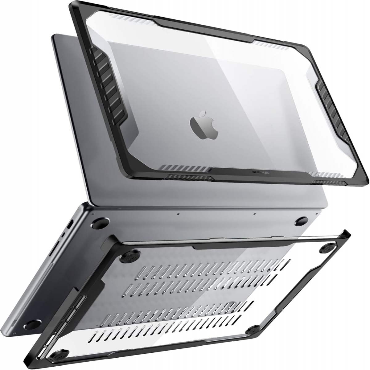 Ein silberner Laptop mit einer robusten, schwarzen und transparenten Schutzhülle.