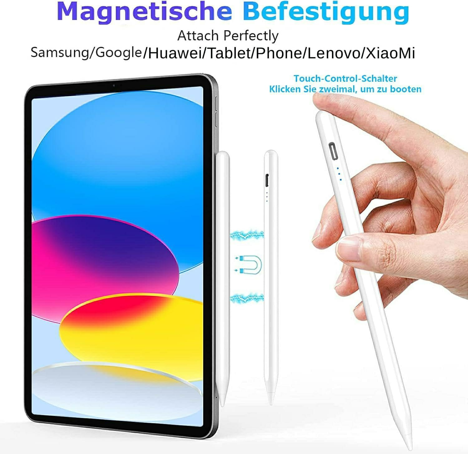 Eine Hand hält einen weißen Stift neben einem Tablet, was magnetische Befestigung zeigt.