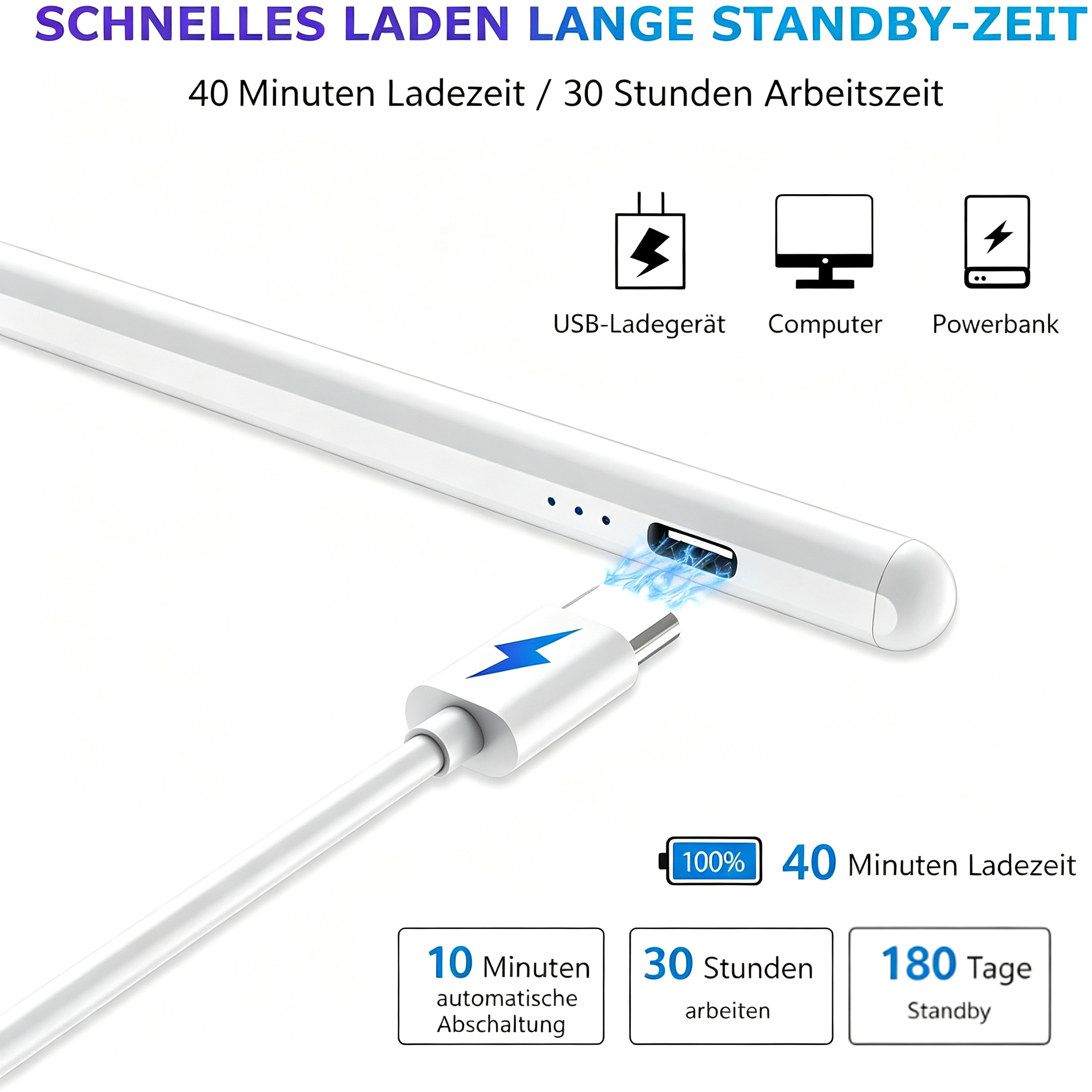 Weißer Eingabestift mit USB-C-Ladekabel, Ladestandsanzeigen und Info-Icons zu Ladezeit und Akkulaufzeit.