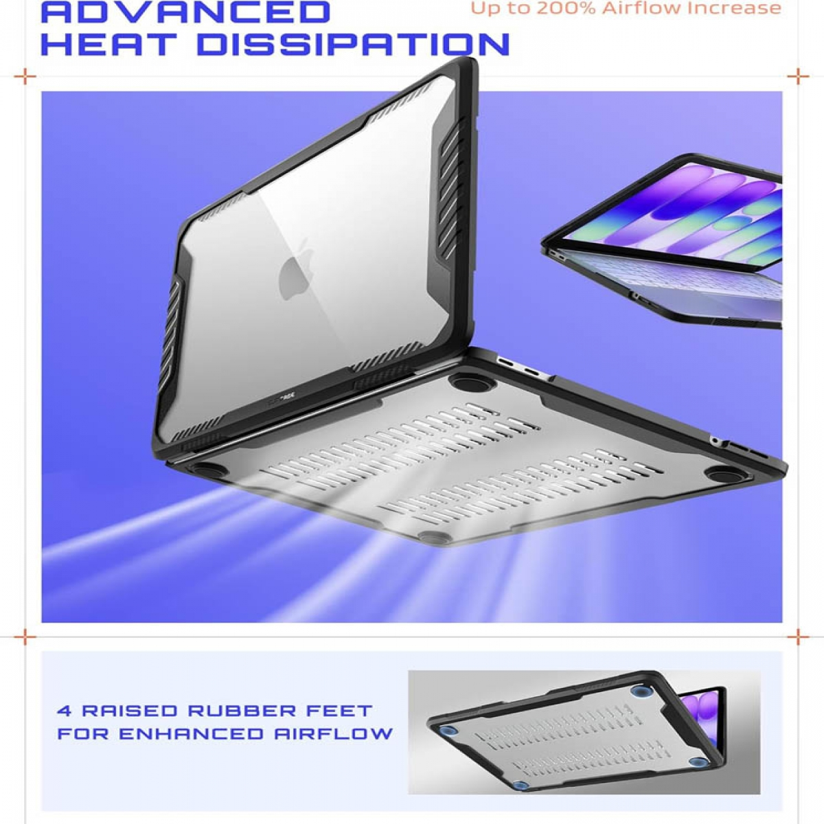 Laptop in robuster Schutzhülle mit Belüftungsschlitzen und Text.
