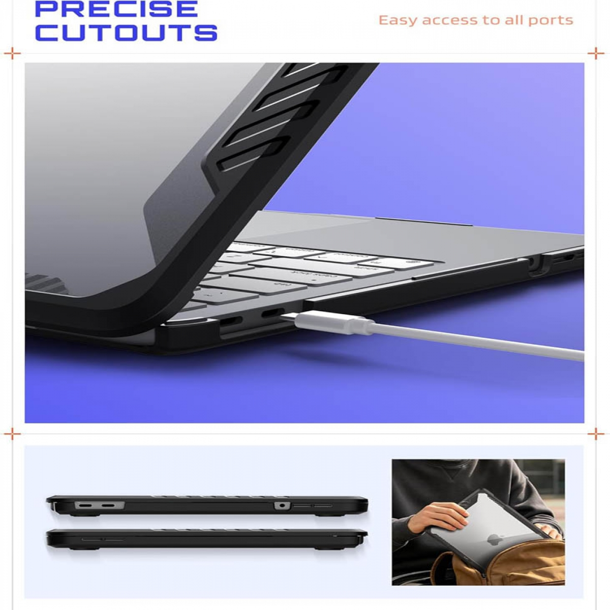 Ein Laptop mit schwarzer Hülle und angeschlossenem Ladekabel vor blauem Hintergrund.
