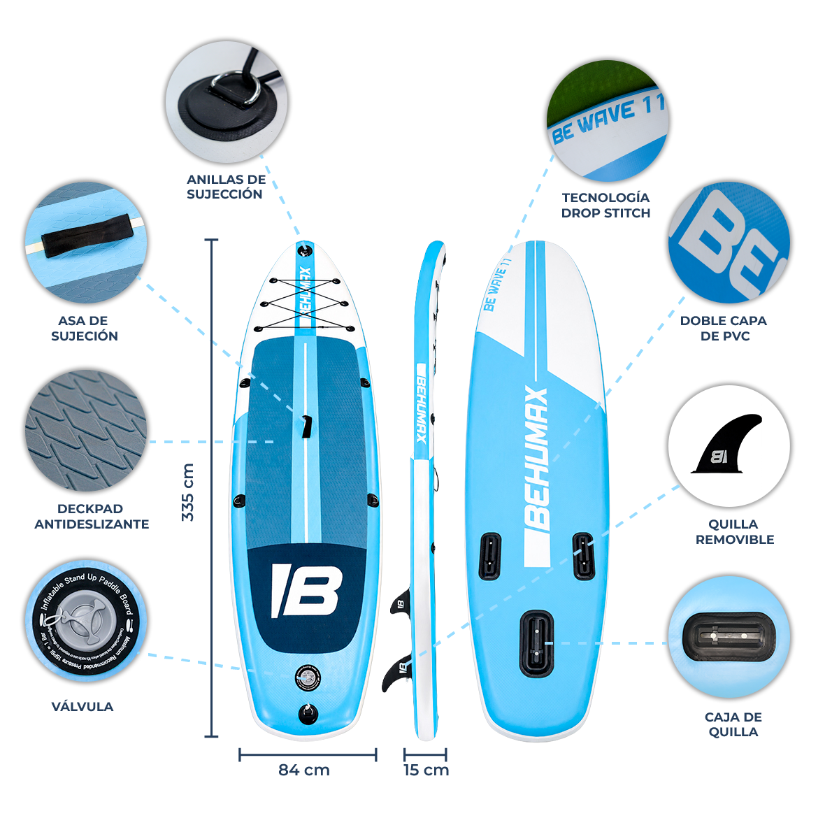 Diagrama que muestra las características de una tabla de paddle surf azul y blanca, con dimensiones y detalles.