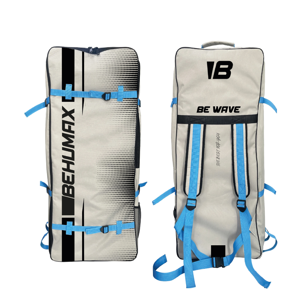 Mochila SUP en beige y gris con correas azules, marca negra y patrones geométricos desde el frente y la parte posterior.