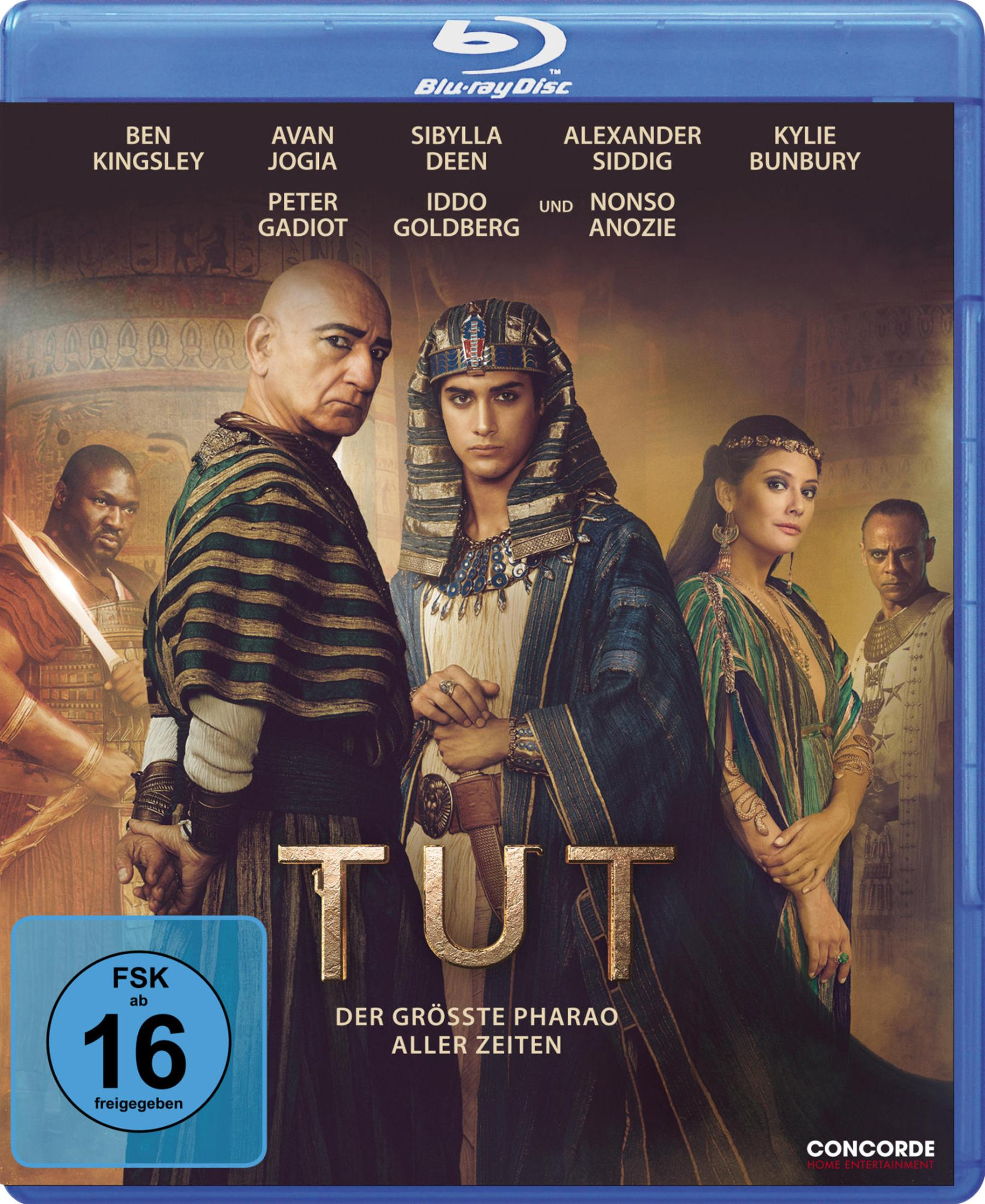 Blu-ray-Cover der Miniserie Tut mit fünf ägyptischen Charakteren vor antiker Kulisse.