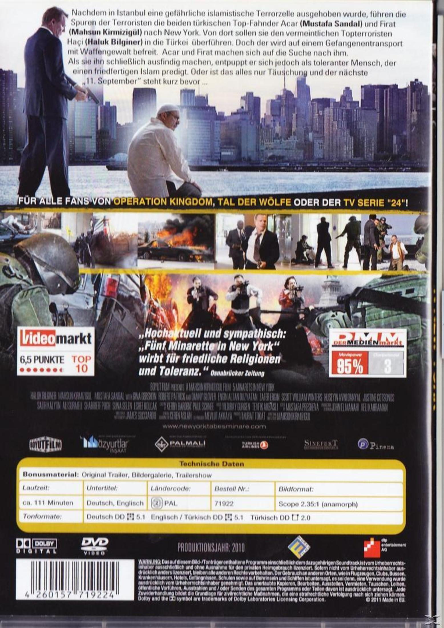 Filmcover der DVD Fünf Minarette in New York mit Texten, Szenenbildern und technischen Details.