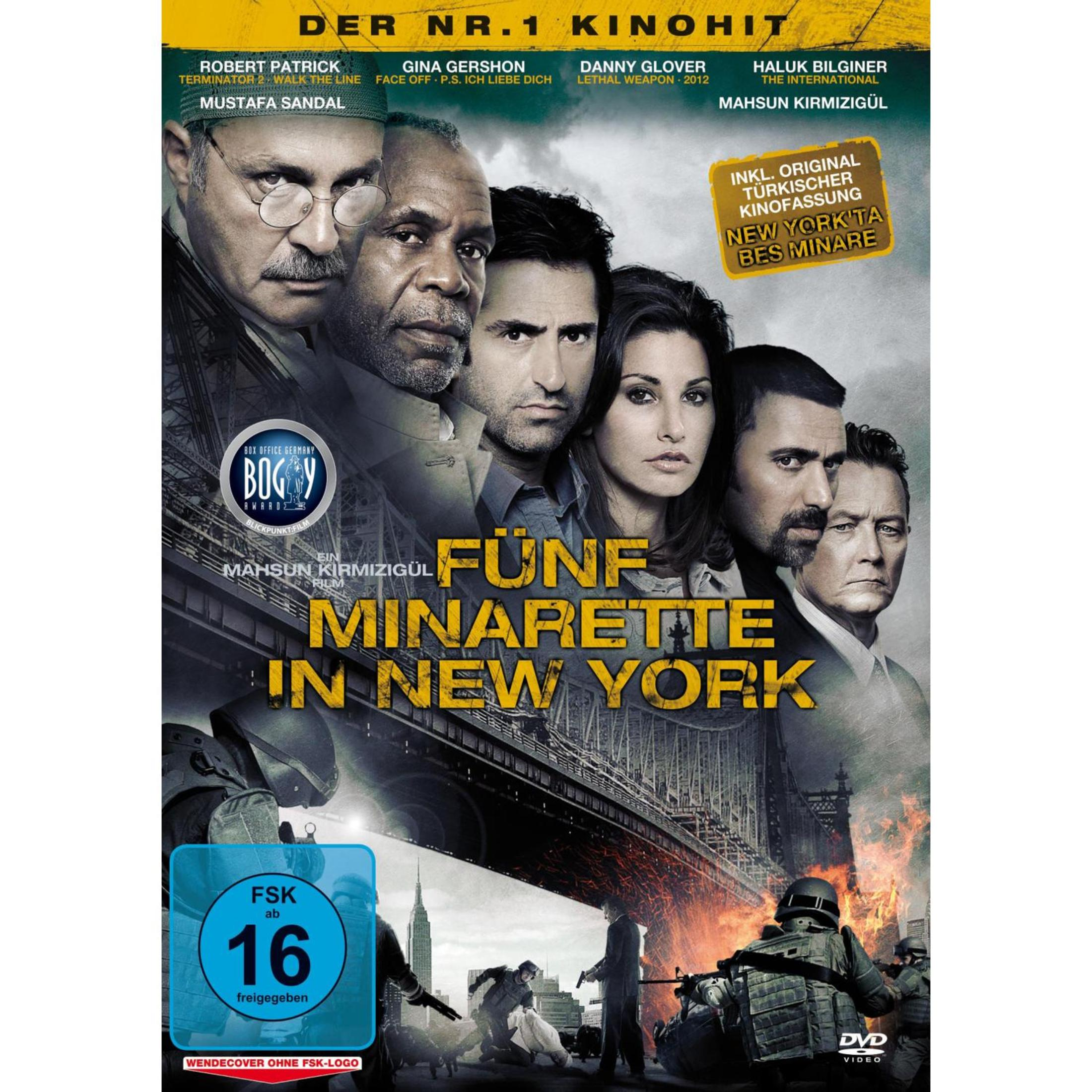 DVD-Cover des Films Fünf Minarette in New York mit sechs Hauptdarstellern vor einer Brücke und Skyline.