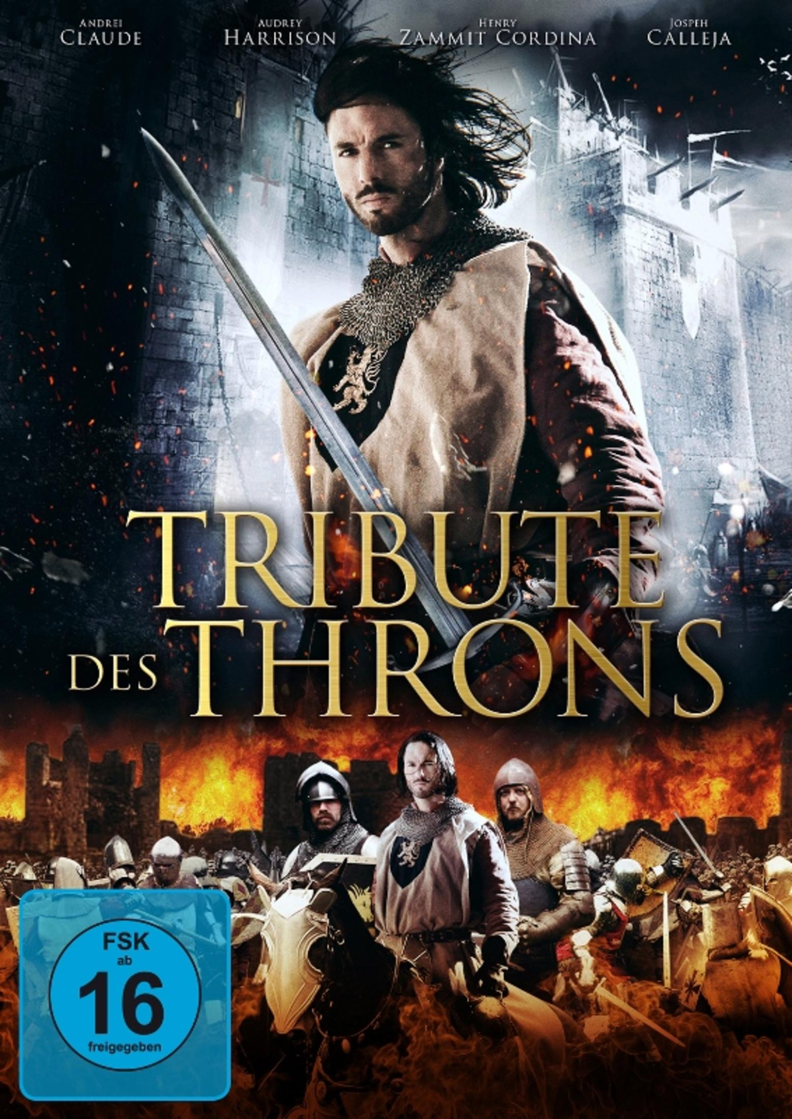 Filmposter zu Tribute des Throns mit einem Ritter, der vor einer brennenden Burg ein Schwert hält.