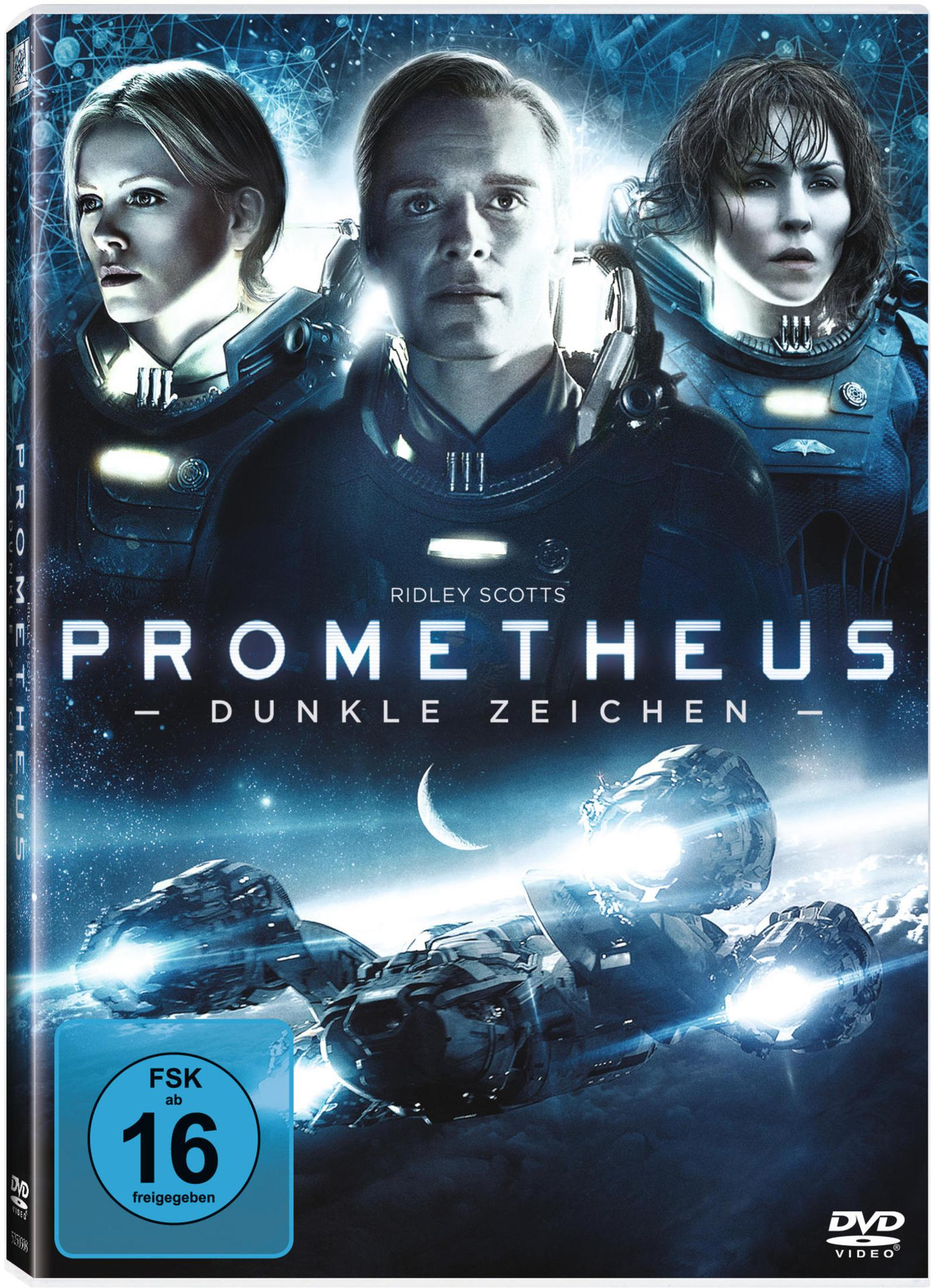 DVD-Cover von Prometheus mit drei Astronauten oben und einem Raumschiff vor einem Planeten unten.