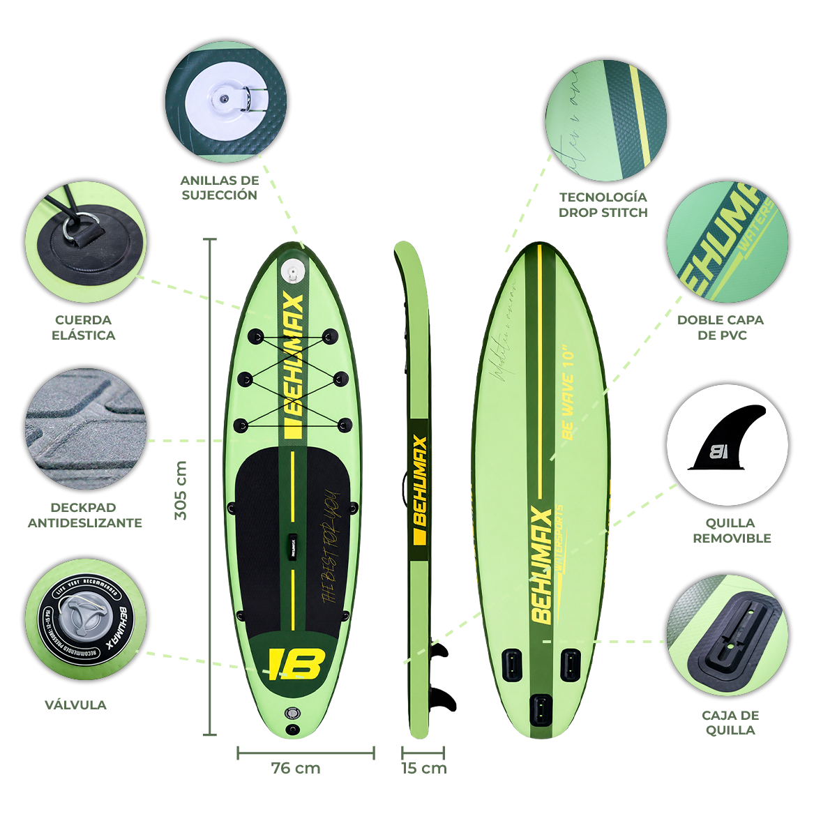 Diagrama de una tabla de paddle surf verde con dimensiones y características etiquetadas como válvula, quillas y almohadilla.