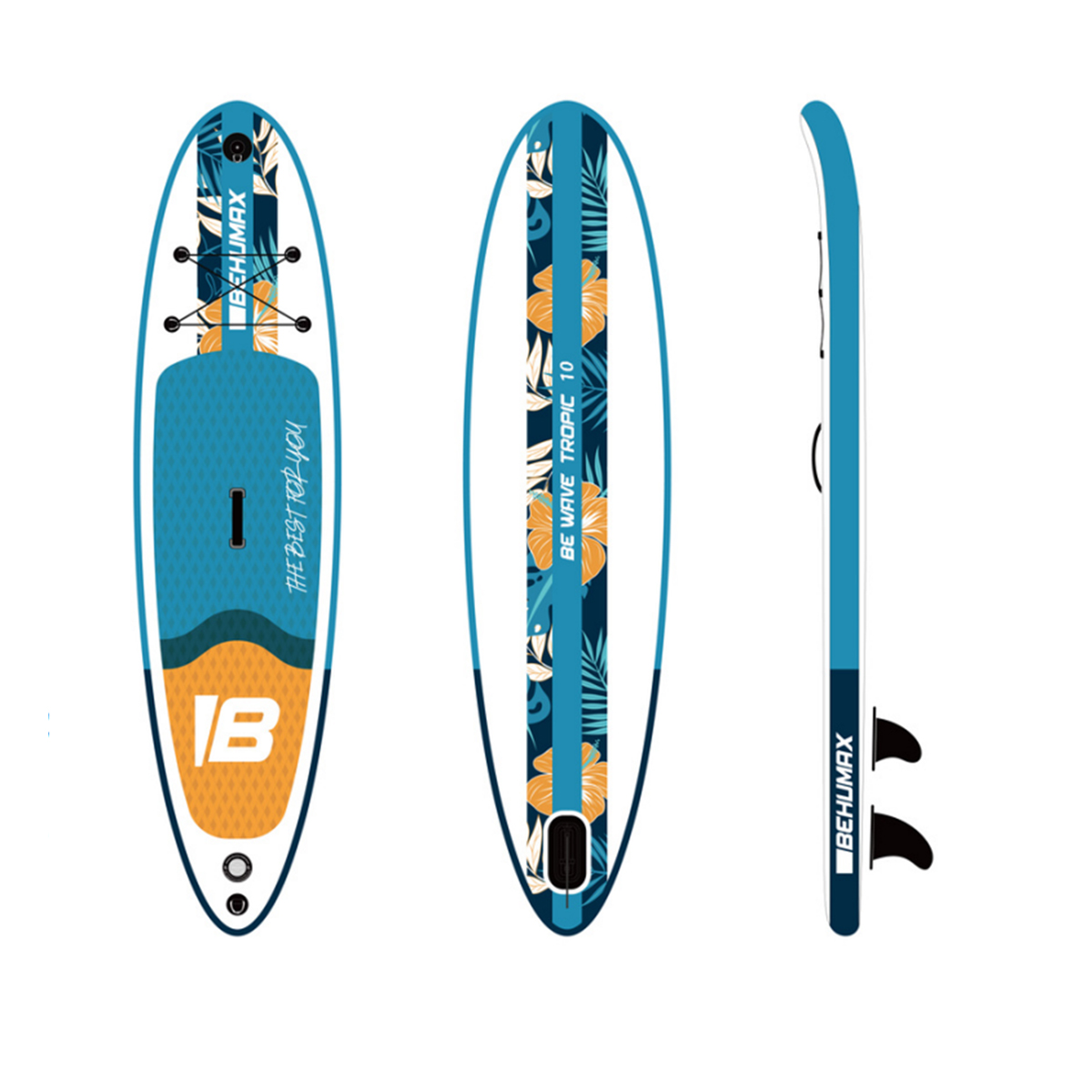 Tres vistas de una tabla de surf de remo azul, blanca y naranja con motivos florales tropicales y quillas.