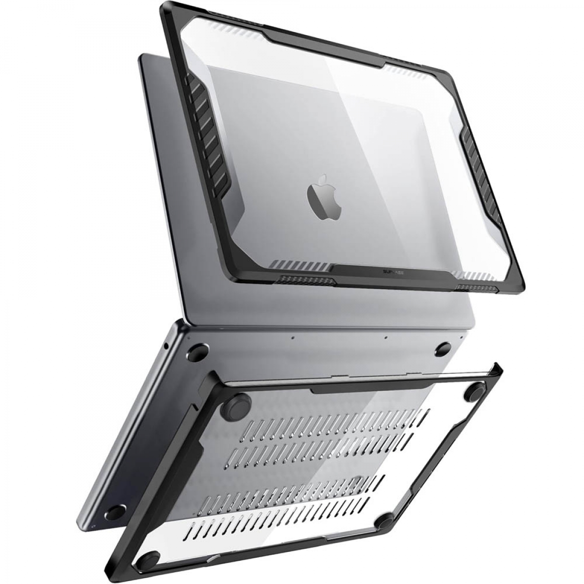 Ein silberner Laptop mit einer schwarz-transparenten Schutzhülle für Ober- und Unterseite.