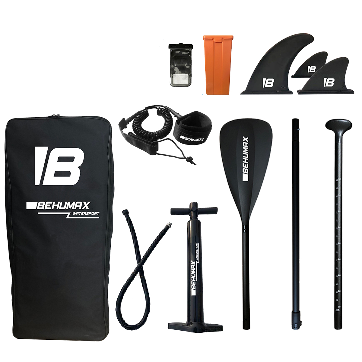 Accesorios de paddle surf Behumax que incluyen bolsa, bomba, remo, correa, quillas y kit de reparación.