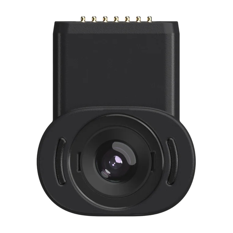 Modulo fotocamera nero con corpo quadrato, obiettivo circolare e pin di contatto dorati.