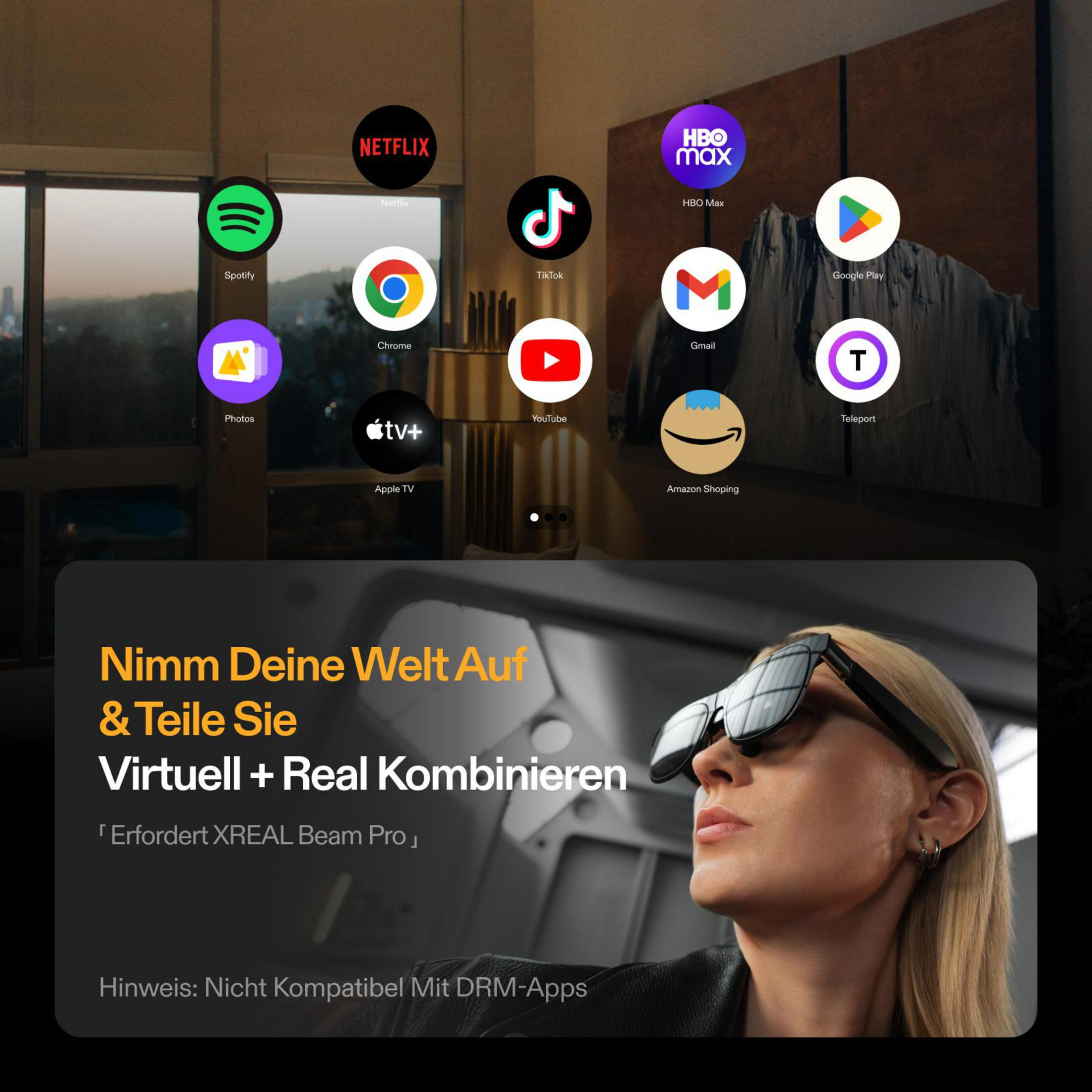 Una donna con occhiali AR XREAL davanti a icone di app fluttuanti e testo in tedesco.