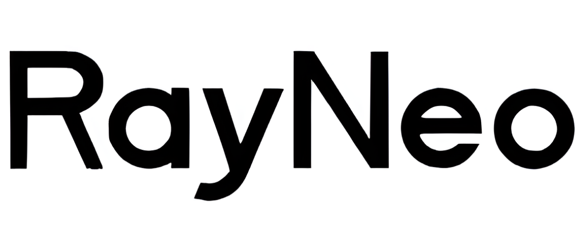Logo nero di RayNeo su sfondo bianco.
