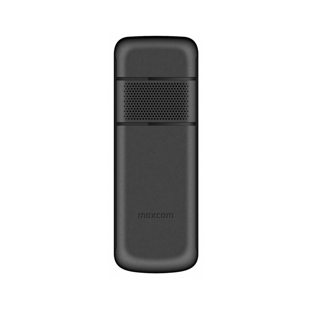 Vista posteriore di un cellulare nero Maxcom con griglia dell'altoparlante e logo su sfondo bianco.