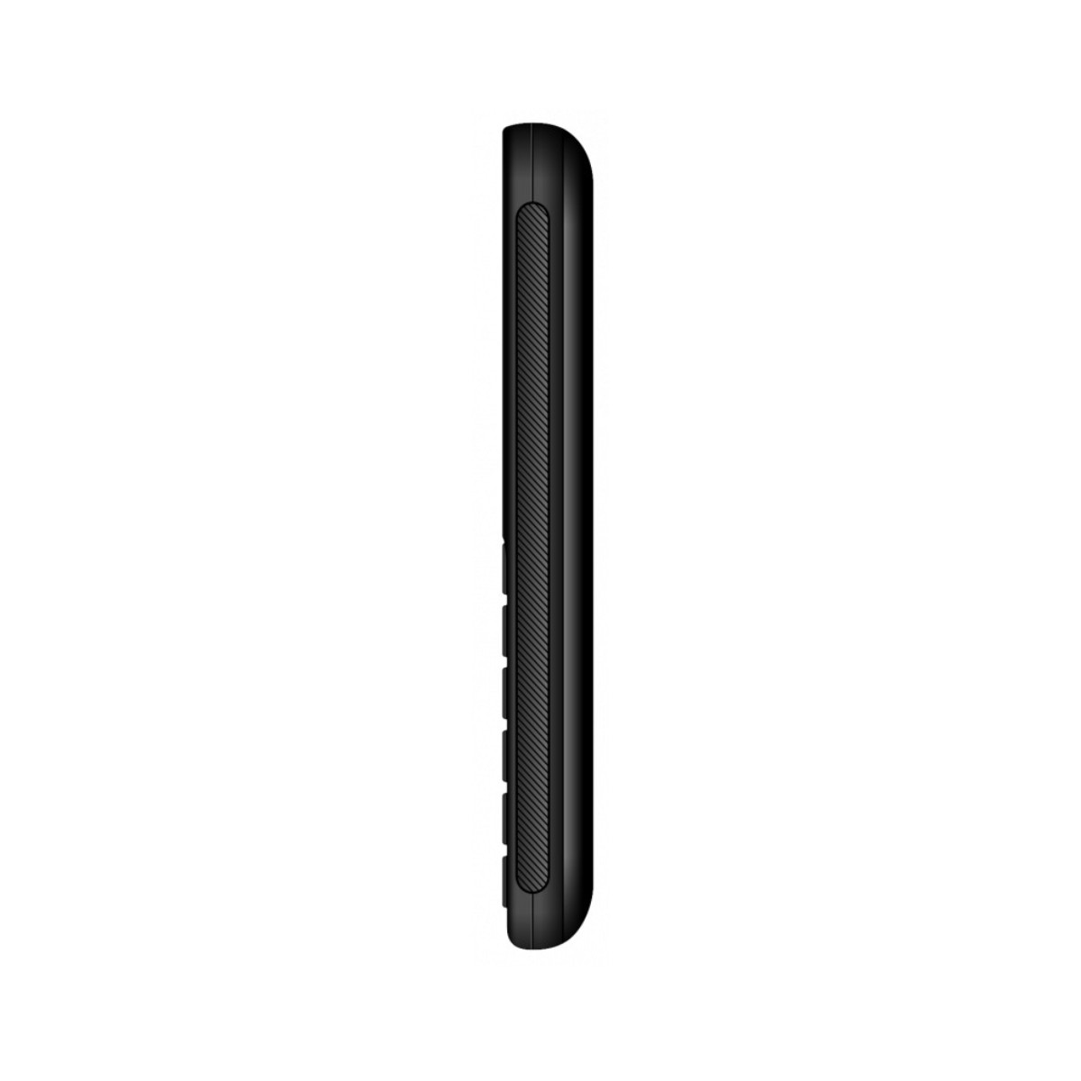 Vista laterale di un telefono cellulare nero sottile su sfondo bianco.