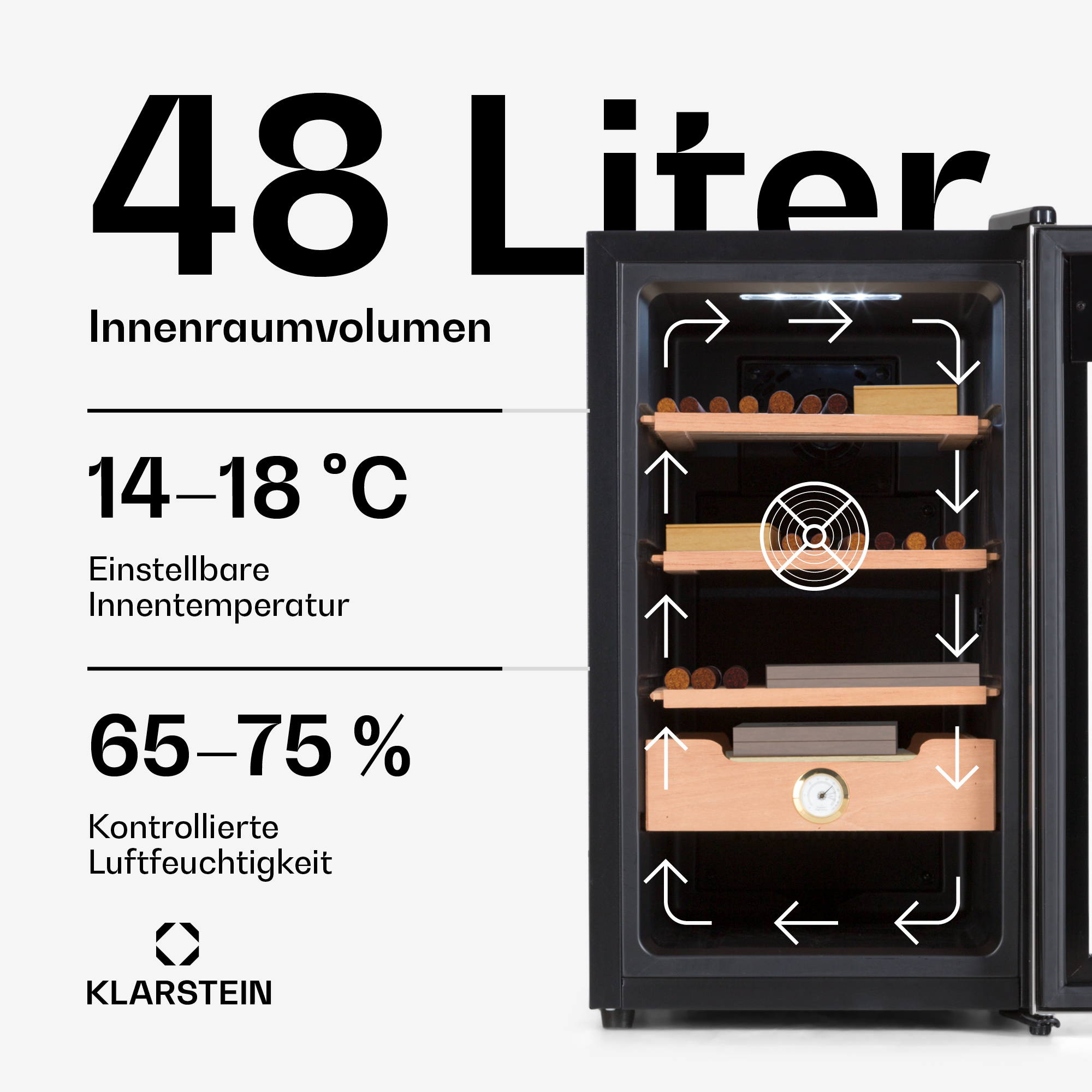 Un humidor Klarstein da 48L con temperatura 14-18°C e umidità 65-75%, che mostra il flusso d'aria interno.