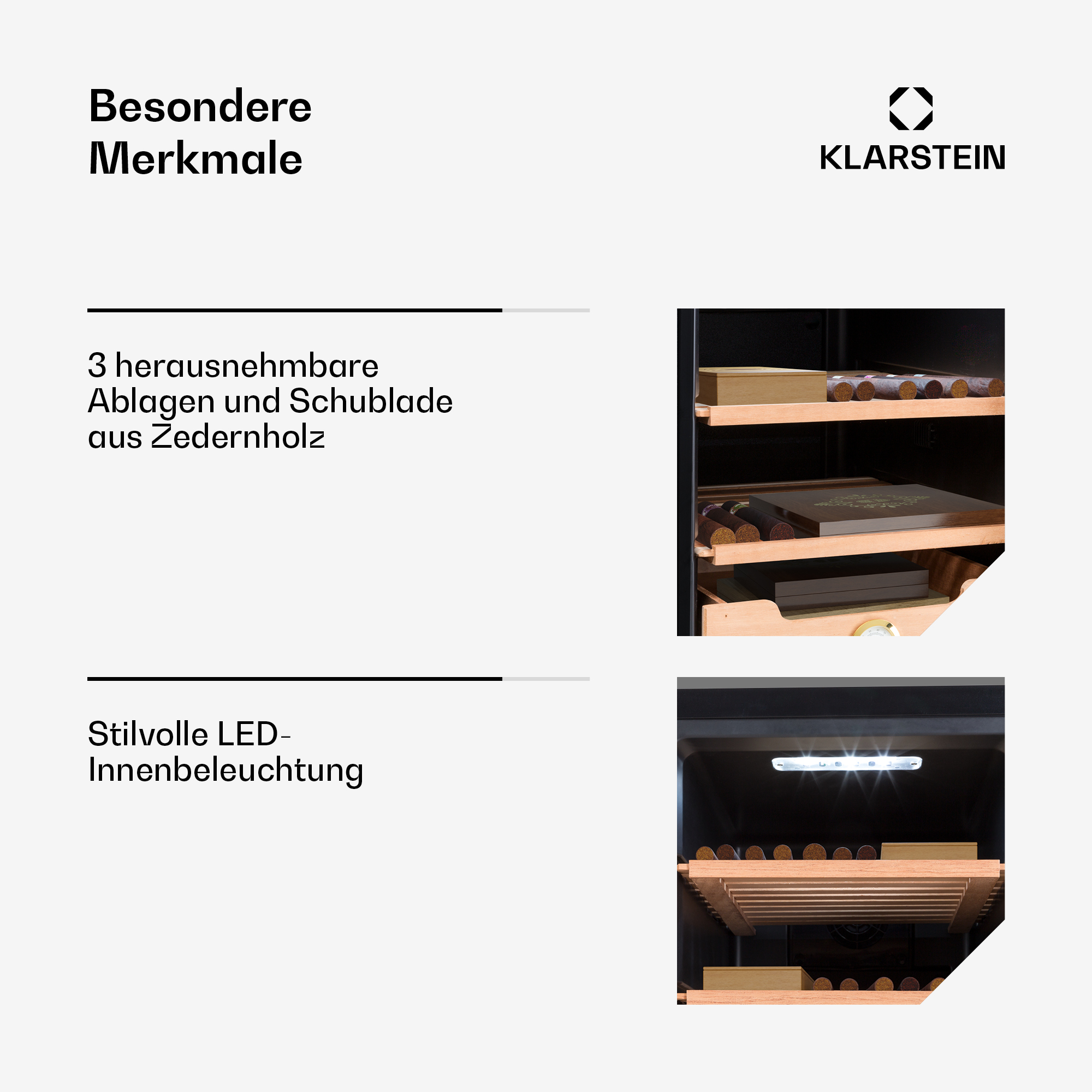 Umidor Klarstein con ripiani in legno di cedro e illuminazione LED interna.