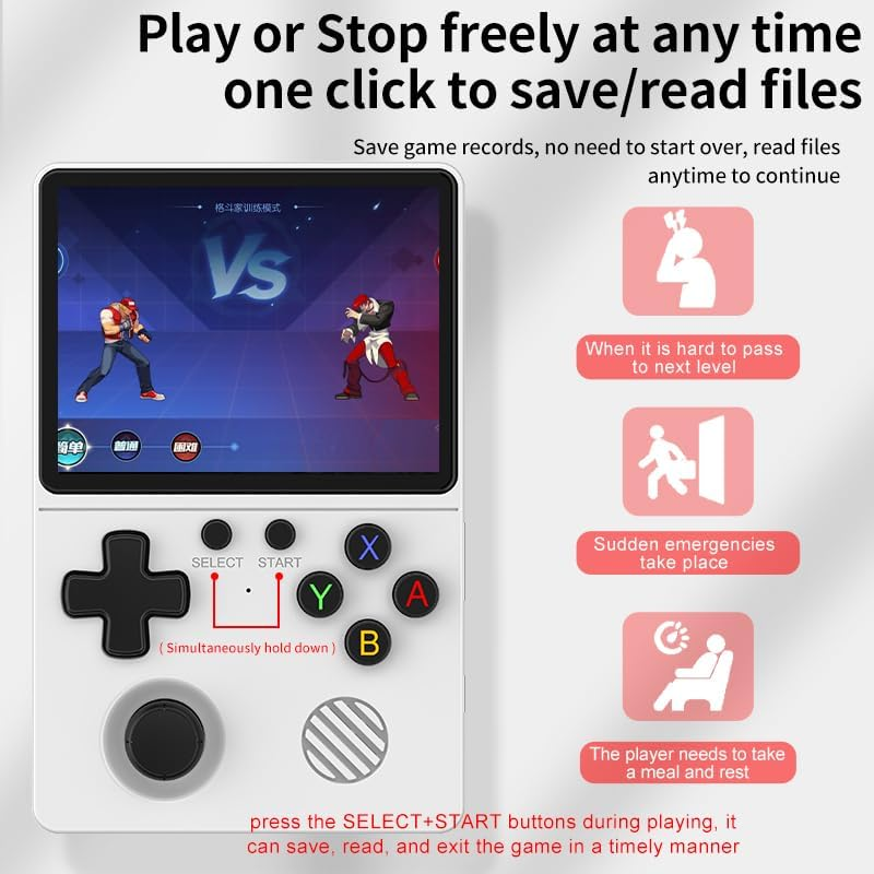 Weisse Handheld-Spielkonsole mit Bildschirm, der ein Kampfspiel zeigt, und Knöpfen unten.