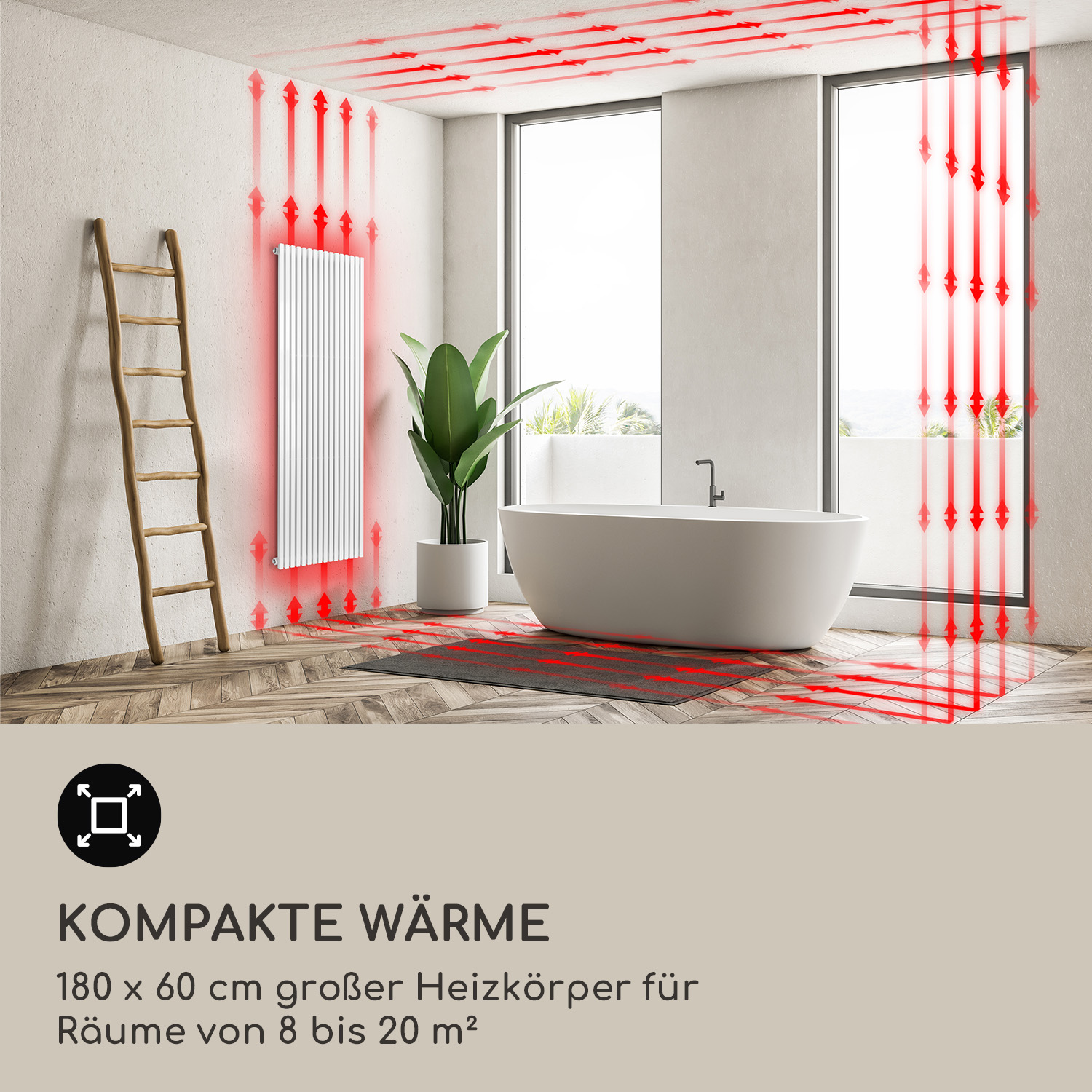 Bagno moderno con radiatore bianco, vasca freestanding e grafica di irraggiamento termico rosso.