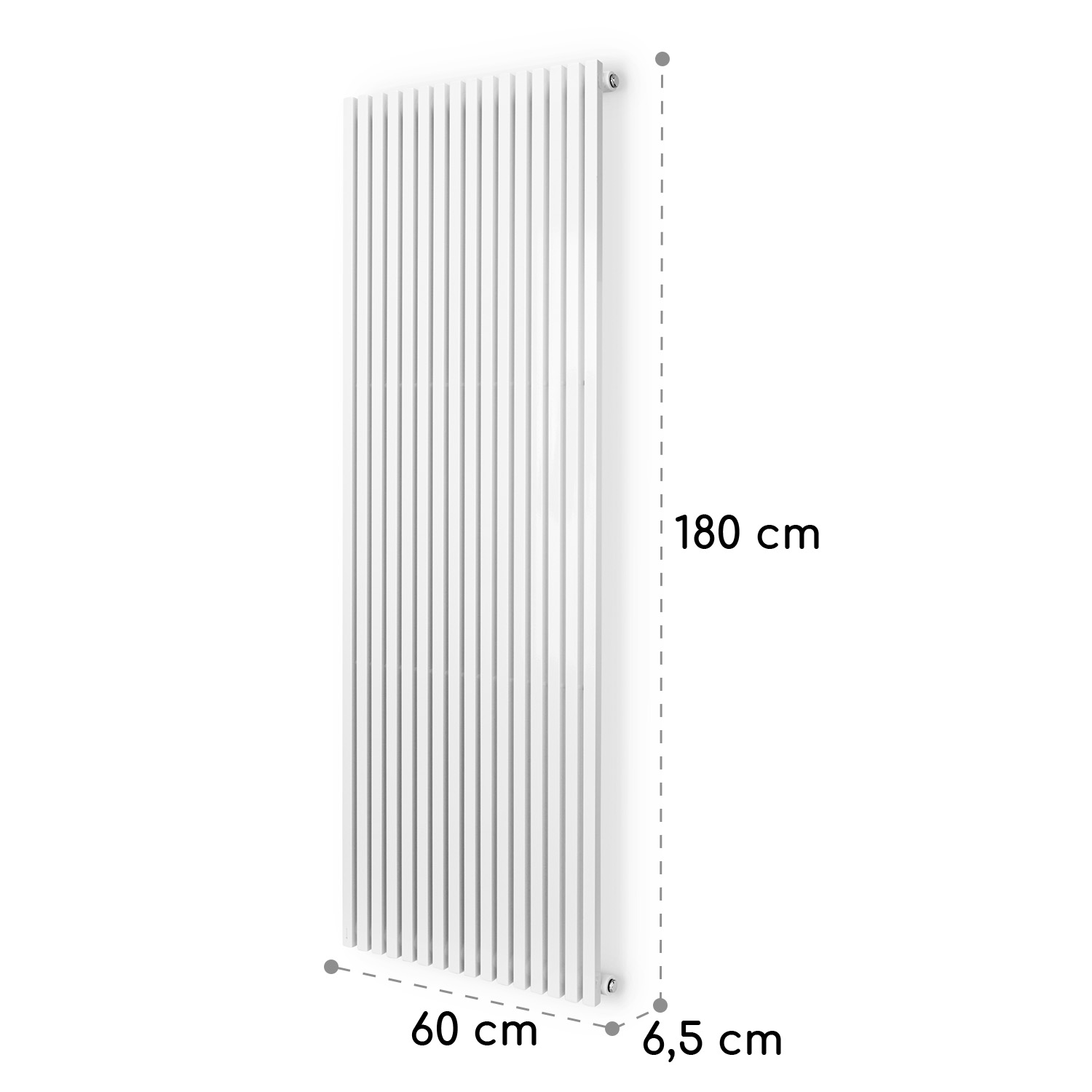 Radiatore verticale bianco con dimensioni di 180 cm di altezza, 60 cm di larghezza e 6,5 cm di profondità.