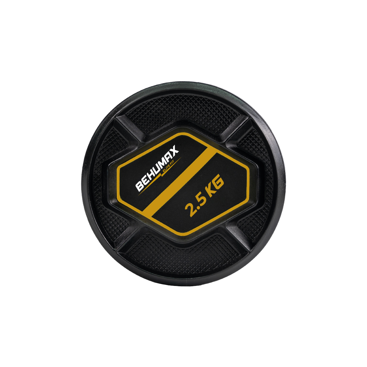 Disco de pesas negro de 2,5 kg con logotipo amarillo de Behumax sobre fondo blanco.
