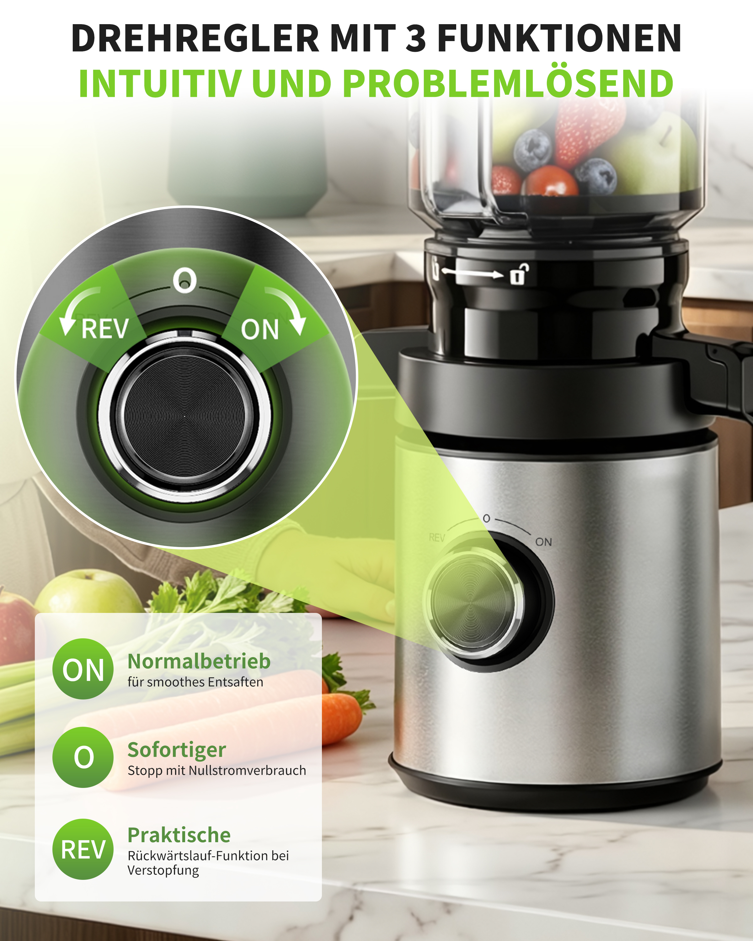 Ein Entsafter mit Nahaufnahme des 3-Funktionen-Drehreglers für ON, OFF und REV.