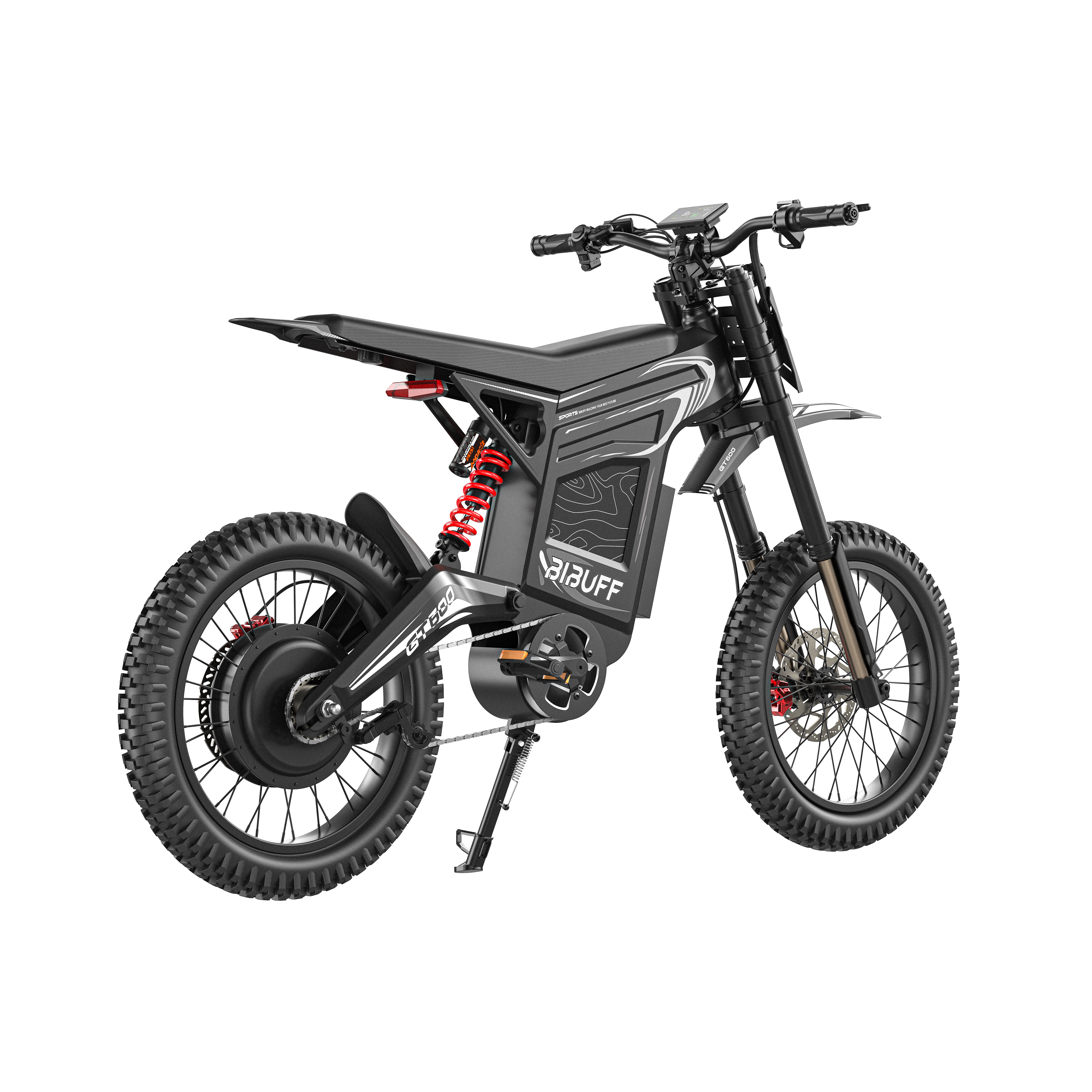Una moto eléctrica negra con texto blanco, neumáticos de tacos y suspensión trasera roja, sobre fondo blanco.